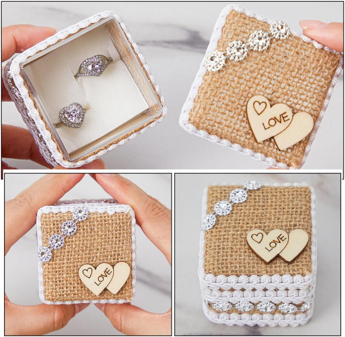 Rustic Wedding Ring Bearer Pillow with Double Heart Shape, Linen and Silk Material, Comfortable Feel, Multifunctional Ring Box for Engagements and Weddings
