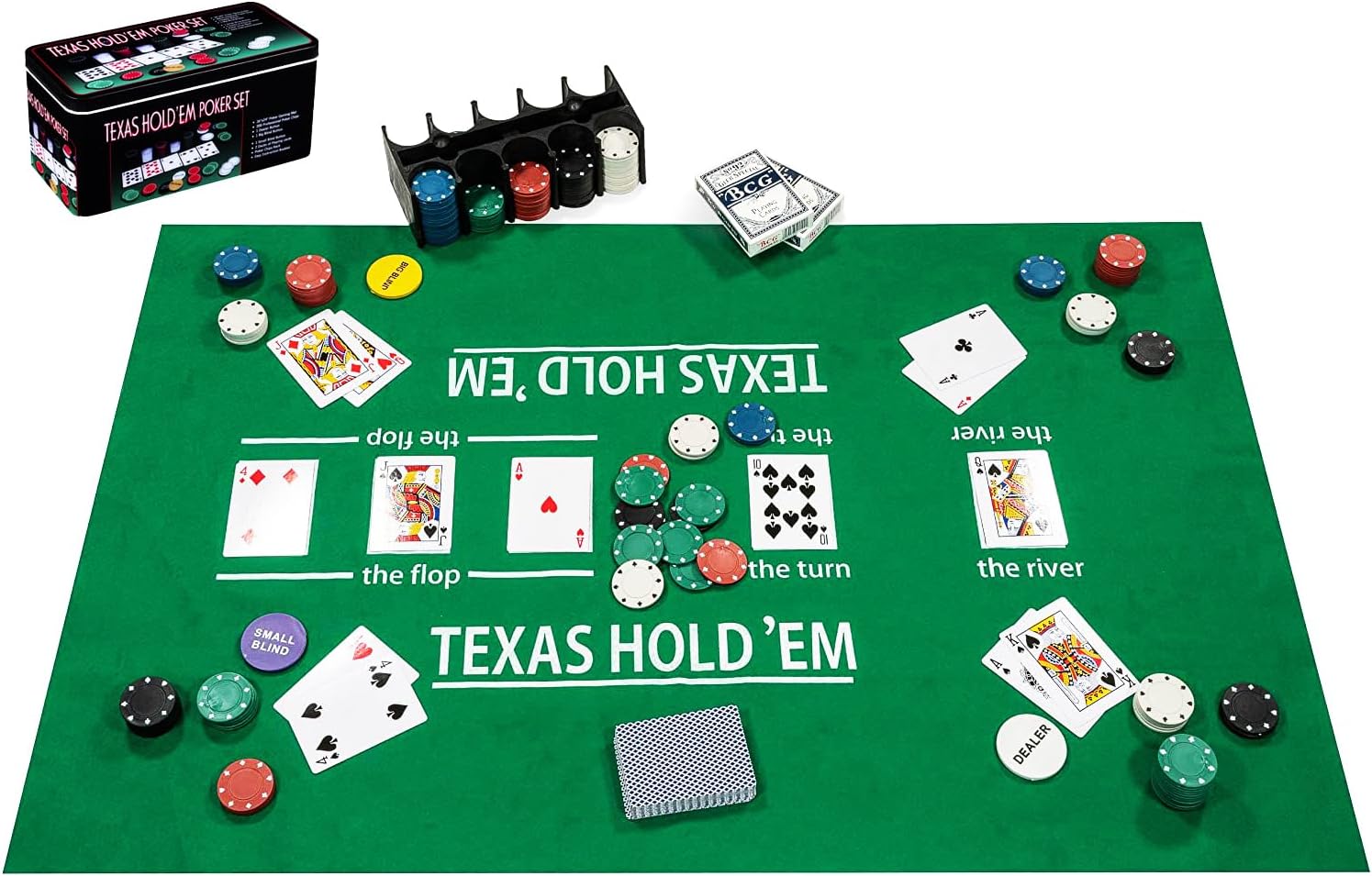 Engelhart - 320900 - Complete Poker Set - Metal Box with Mat, 200 Chips (4 g), 2 Card Games, Dealer Buttons, Small and Large Shields + Game Rules