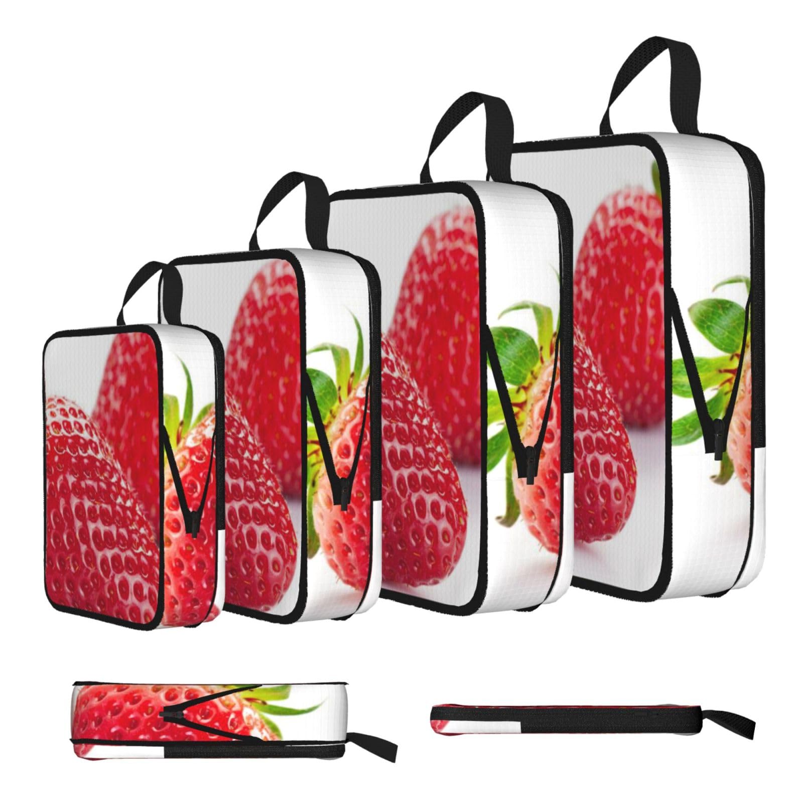 Strawberry Print Compression Packing Cubes 4-Piece Set With Multi- Compartment Travel Bag, Waterproof Suitcase Organiser Bags