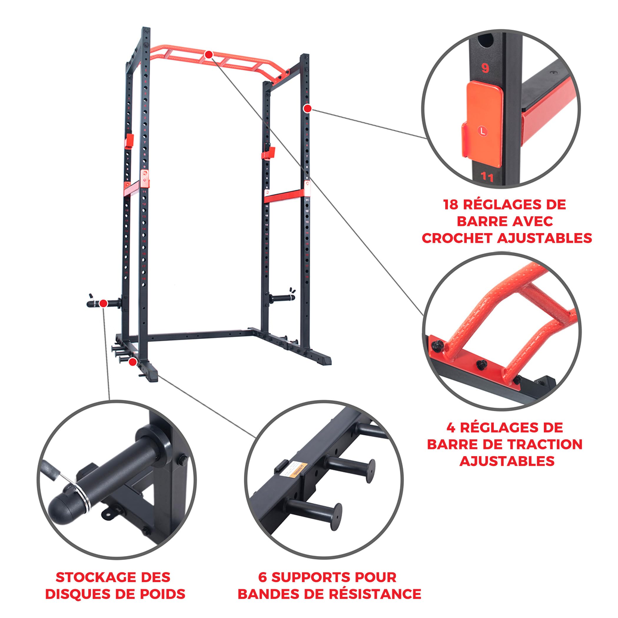 Sunny Health & Fitness Power Zone – Cage de Musculation Power Rack, Capacité de Charge 455 kg, Barres de Sécurité, Barre de Traction Inclinée, Crochets en J, Goupilles pour Bandes de Résistance