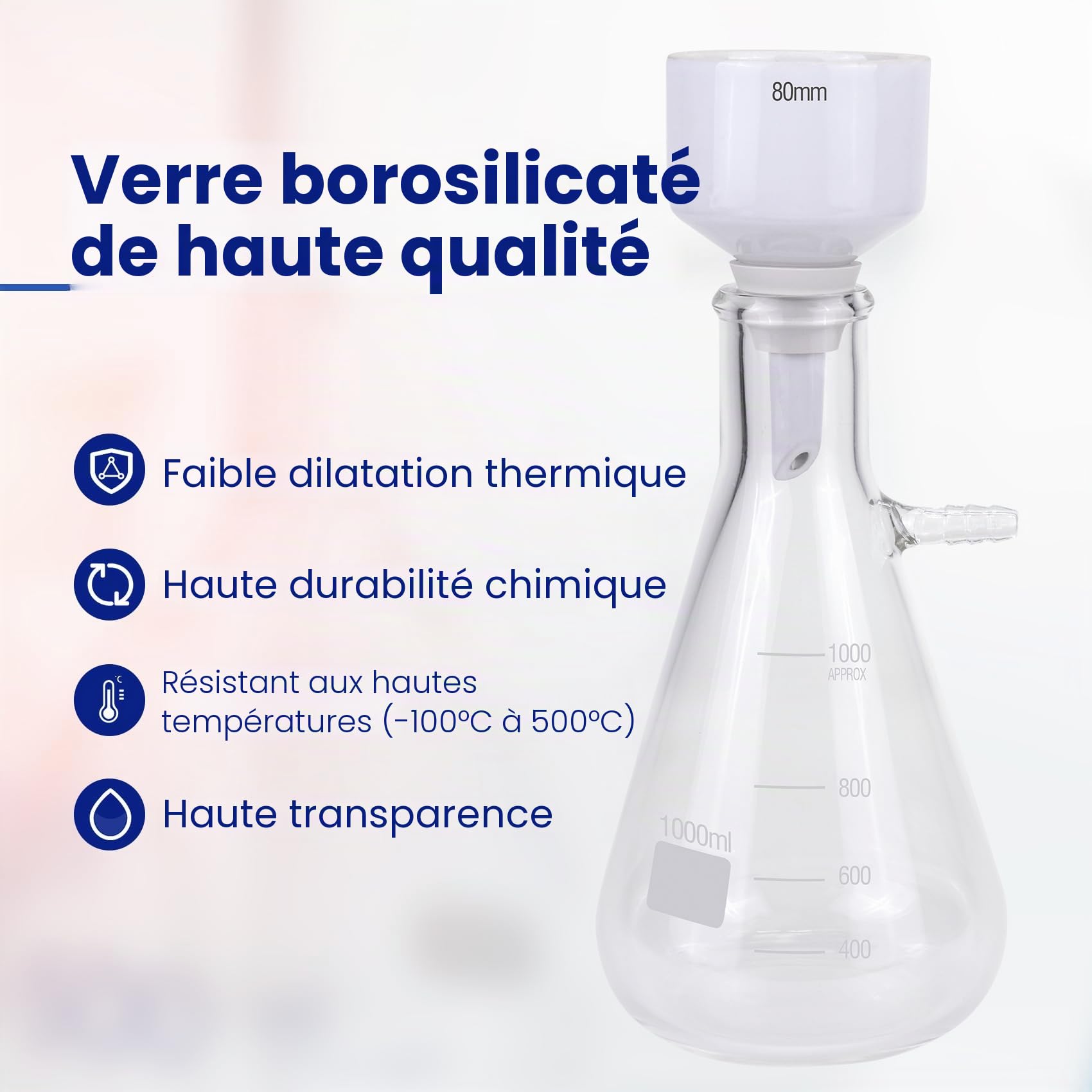 Kit de Filtration sous vide Buchner Funnel 1000mL, Pompe à Vide Manuelle, entonnoir Buchner de 80 mm, 100 feuilles de papier filtre, tuyau en caoutchouc et bouchons