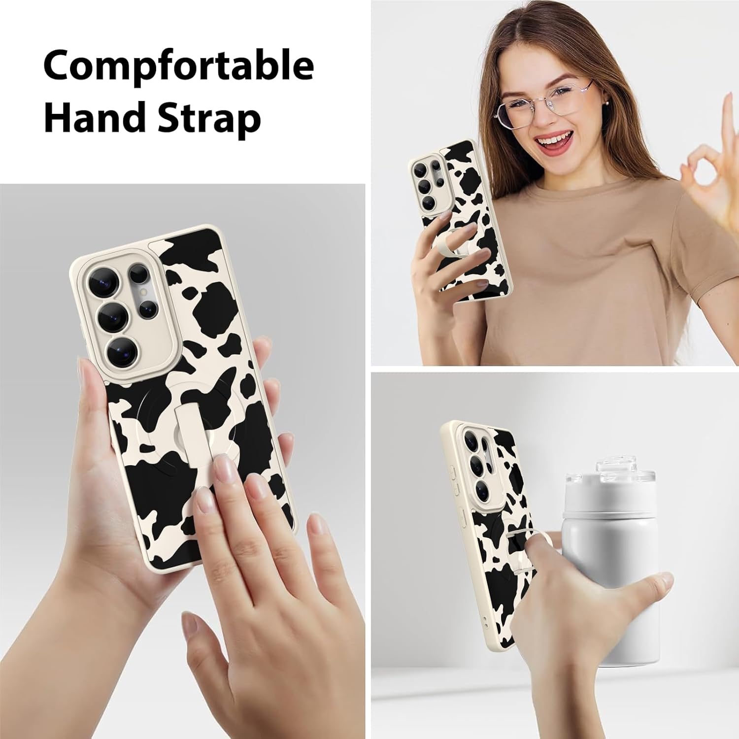 KANGHAR Galaxy S26 Case Cow Pattern Compatible with Magsafe Cute Cow Print Wristband Stand Phone Magnetic Cover for Women Girls Men Compatible with Samsung S26 White