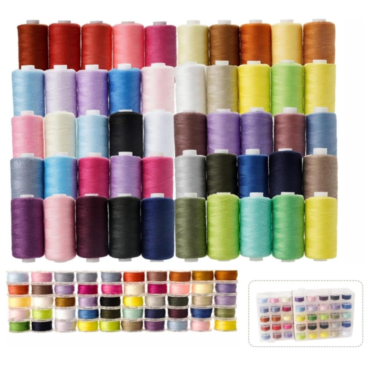Kit de 100 bobinas de hilo de coser de 50 colores, 500 yardas, carretes de hilo de poliéster con 50 bobinas preenrolladas del mismo color para coser a mano, bricolaje, emergencia, viajes, máquina de