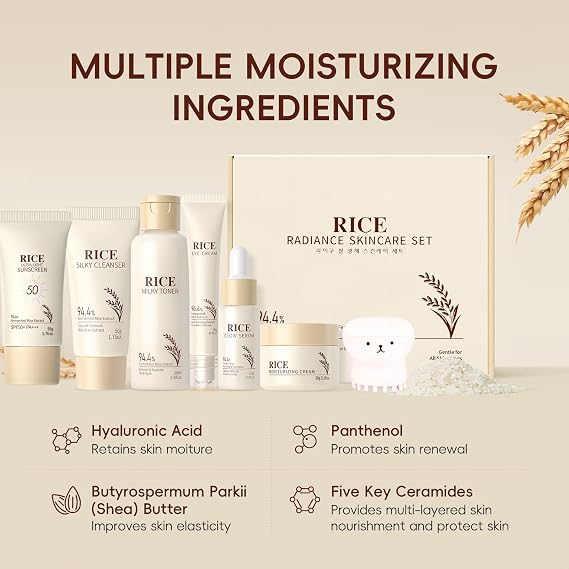 Skincare Set, Korean Rice Skin Care Sets & Kits, Cleanser, Toner, Serum, Eye Cream Sunscreen, Face Wash Brush & Moisturizer, Christmas Birthday Gifts for Women Teenage Girls Mom Friend, 7pcs