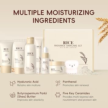 Skincare Set, Korean Rice Skin Care Sets & Kits, Cleanser, Toner, Serum, Eye Cream Sunscreen, Face Wash Brush & Moisturizer, Christmas Birthday Gifts for Women Teenage Girls Mom Friend, 7pcs
