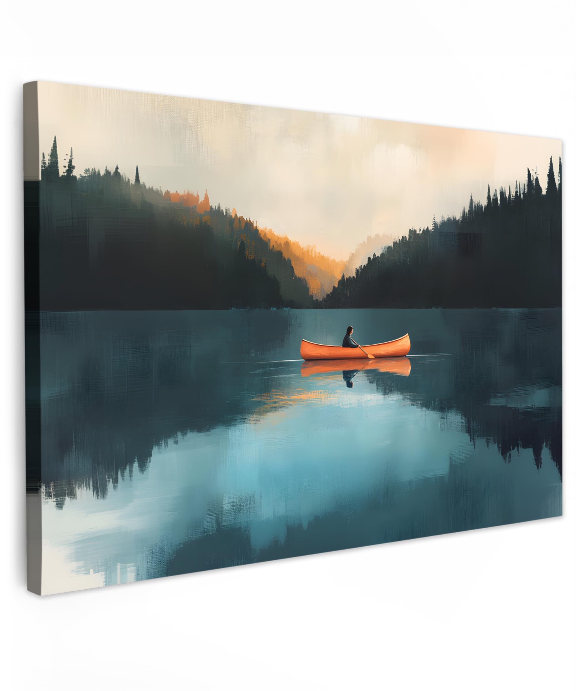 MuchoWow© Impression sur Toile Decoration Murale Peinture 120x80 cm Tableaux Decoratifs Muraux Déco Chambre Tableau Salon Forêts - Lac - Canoë - Orange