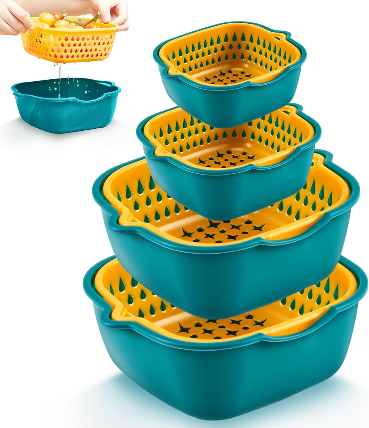 LemonRoad 8 Pcs Drain Colander Bowl Set Fruits and Vegetable Washing Strainer Detachable Double-layer Plastic Kitchen Food Basket, Kitchen Essential Gadgets (Orange, Green) LemonRoad 8 Pcs Drain Colander Bowl Set Fruits and Vegetable Washing Strainer Detachable Double-layer Plastic Kitchen Food Basket, Kitchen Essential Gadgets (Orange, Green)