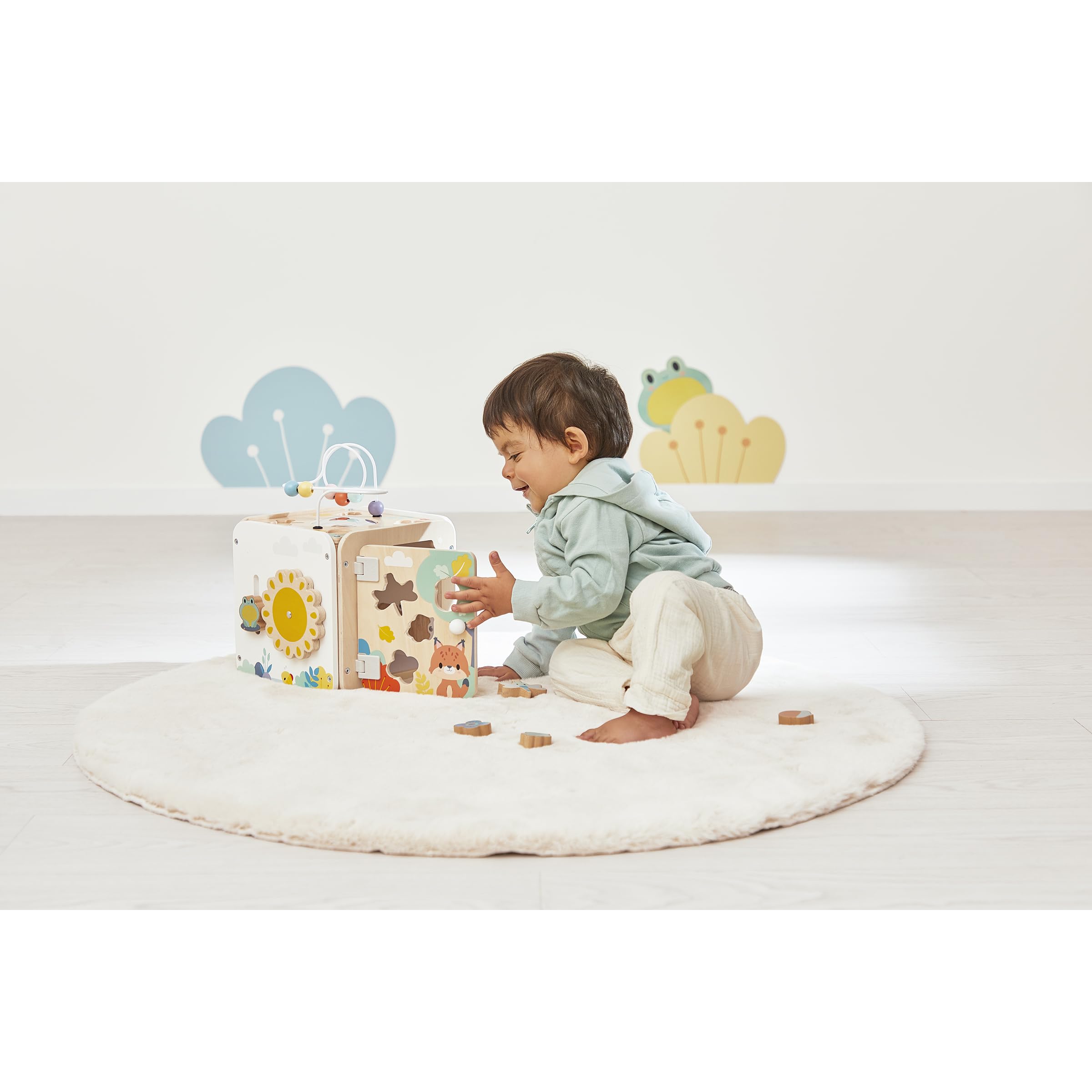 Janod - Grand Cube Multi-Activités en Bois - 8 Activités pour Enfant et Bébé - Jouet d'Éveil - Développement Motricité Fine - Jouet en Bois - Dès 18 Mois