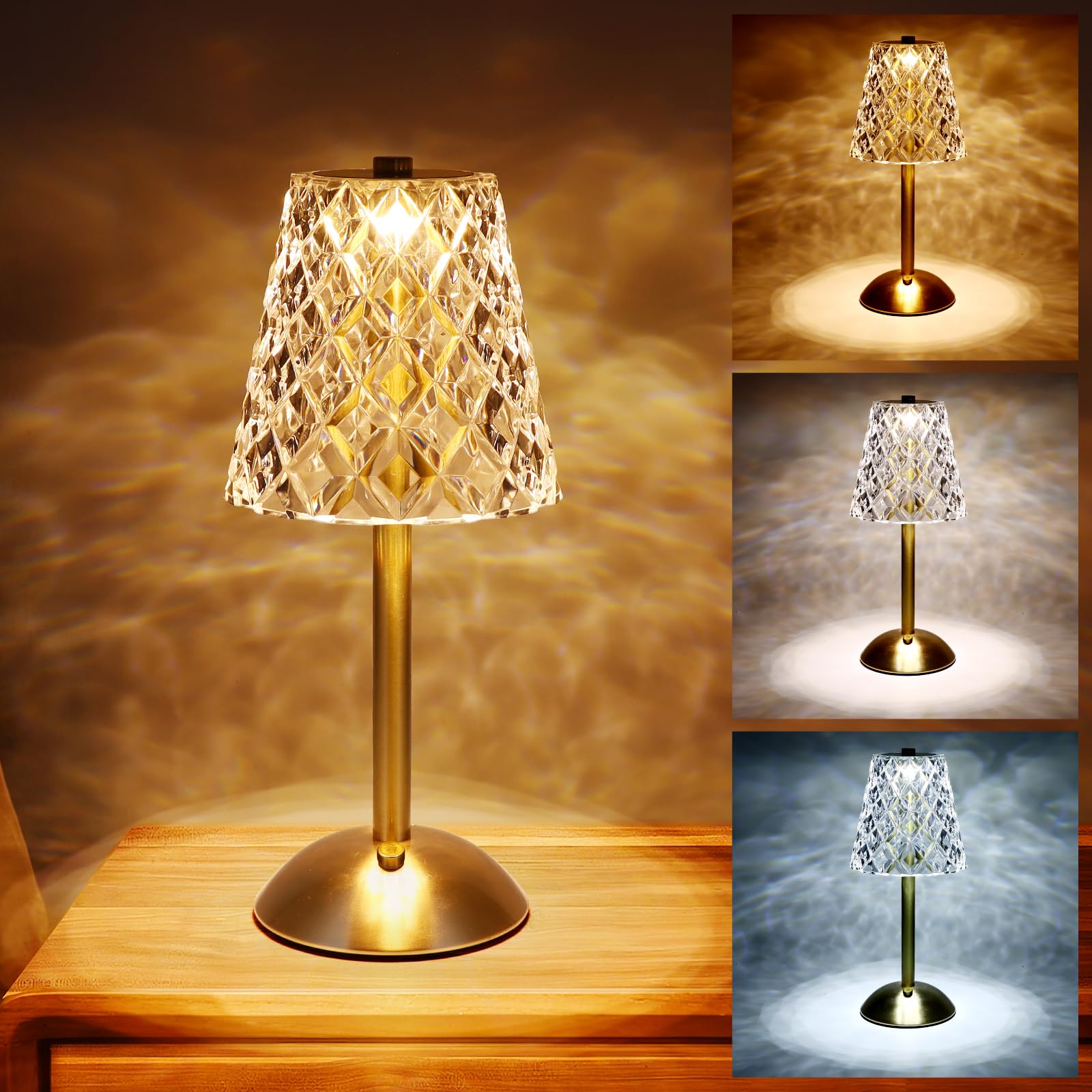 Kinberry CordlessTable Lamp, Rechargeable Battery Operated Light, Dimmable Bedside Light for Bedroom, 3 Colors Touch Lamp LED Romantic Crystal Lamps, Cordless Lamp for Living Room Bar Restaurant