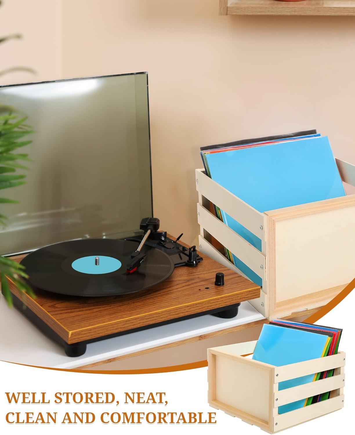 Vinyl Record Storage Crate with 50 Pack Clear Plastic Record Outer Sleeves and Vinyl Cleaning Kit Wooden LP Album Holder Cleaner Solution Album Protection