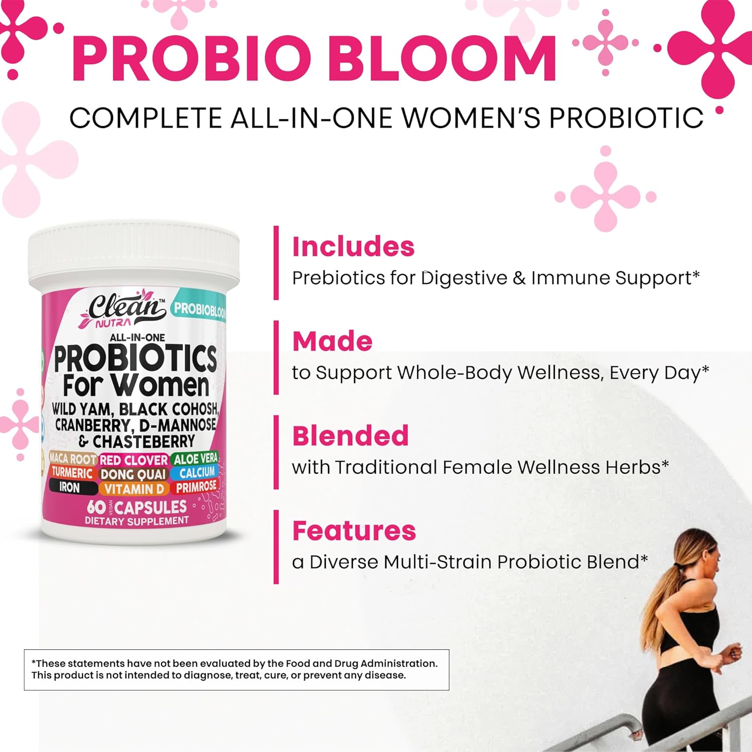 Clean Nutraceuticals Probiotics for Women with D Mannose, Cranberry Extract, Wild Yam, Chasteberry - 20 Probiotic and Prebiotic Strains - PH Balance, Womens Probiotic for Digestive Health - 60 Count - Image 6