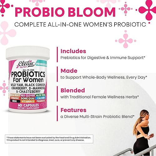 Miniatura 6 de Clean Nutraceuticals Probióticos para mujeres con D manosa, extracto de arándano, ñame silvestre, chasteberry  20 cepas probióticas y prebióticas
