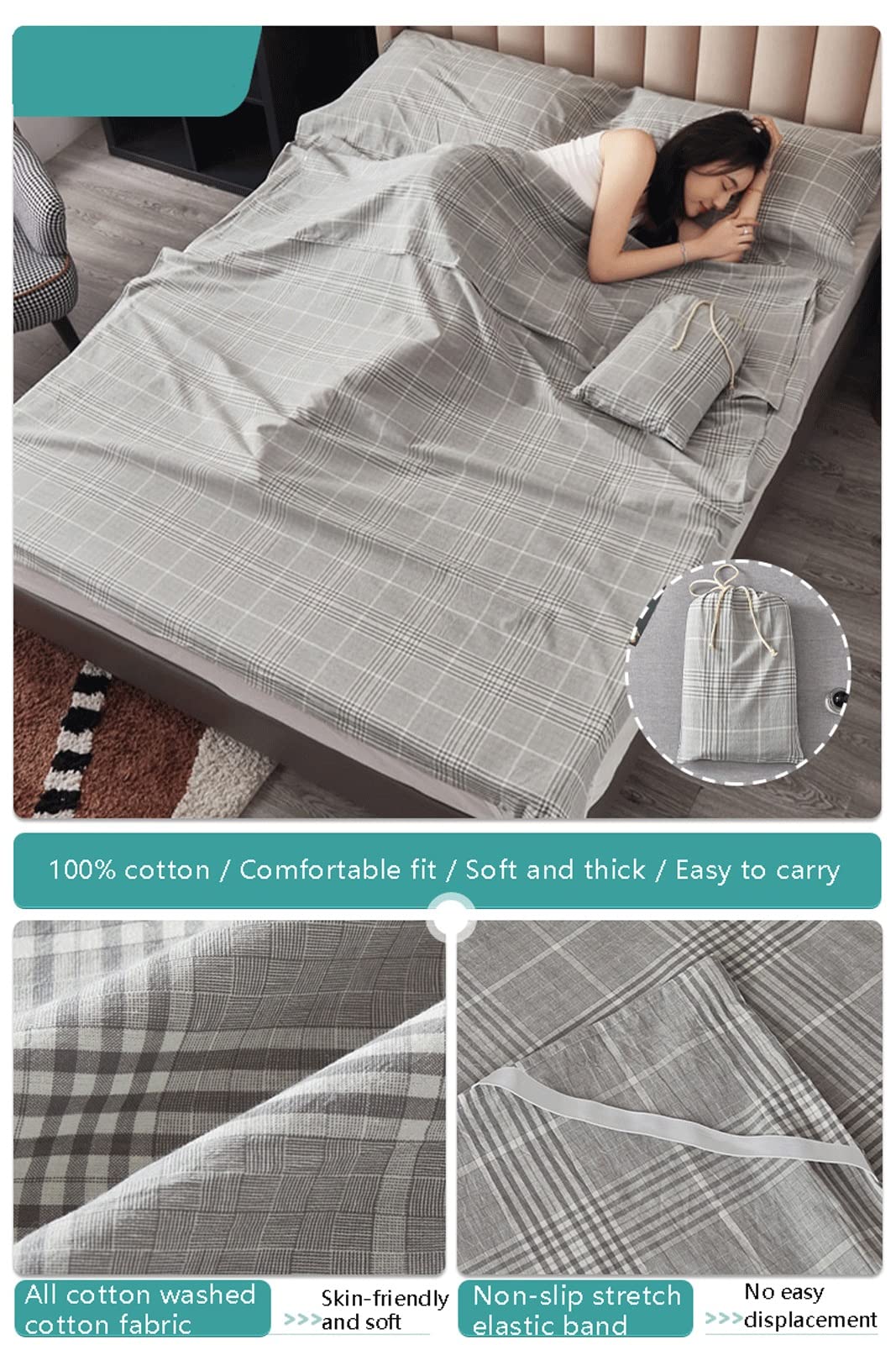 RUZGAR Drap de Sac de Couchage 100% Coton Plaid Rayé Confort Léger Sac de Couchage Adultes Drap de Couchage de Voyage en Simple Double (Color : Gray A, Size : 80x210cm-31x82)