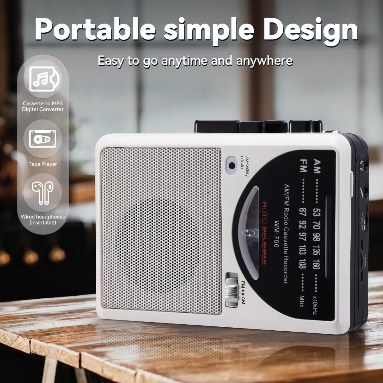 Recordable Portable Cassette Recorder Player, Compact Cassette Tape Player with 3.5MM Headphone Jack, Built-in Speaker