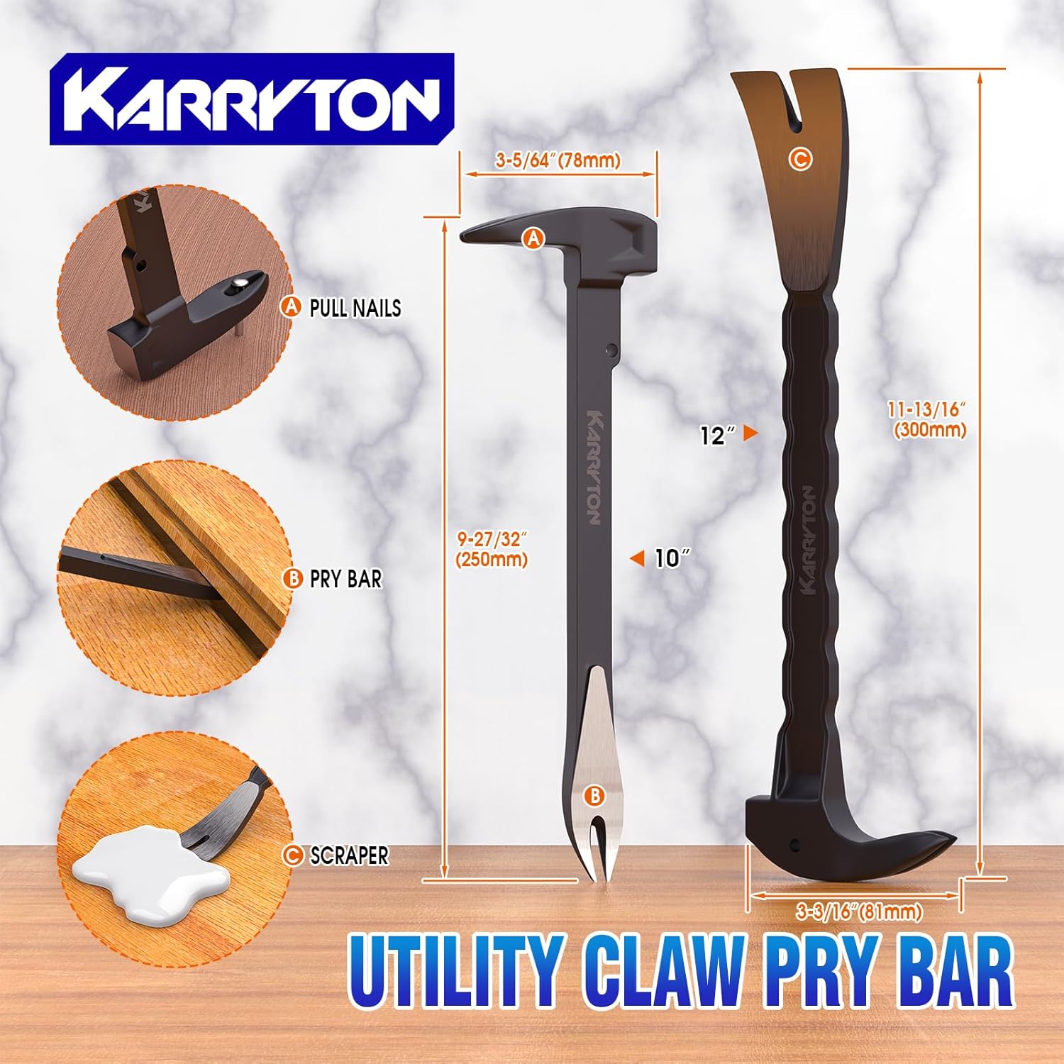4-Piece Heavy-Duty Pry Bar Set – 12" & 10" Utility Claw Pry Bars, 15" Flat Pry Bar, 8" End Cutting Pliers | CR-V Steel Nail Puller Tool with Hammer-Function & Ergonomic Grip