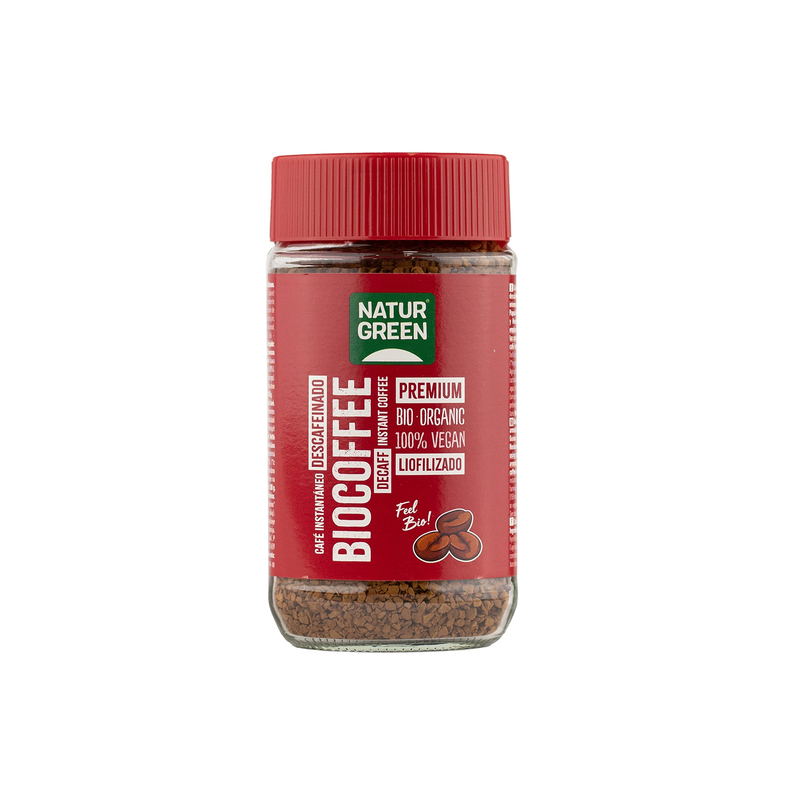 NaturGreen - Biocoffee Descafeinado Bio, Pack 6 x 100 g, Café Soluble Ecológico Instantáneo, Sin Cafeína, Vegano y Sostenible, Agricultura Ecológica