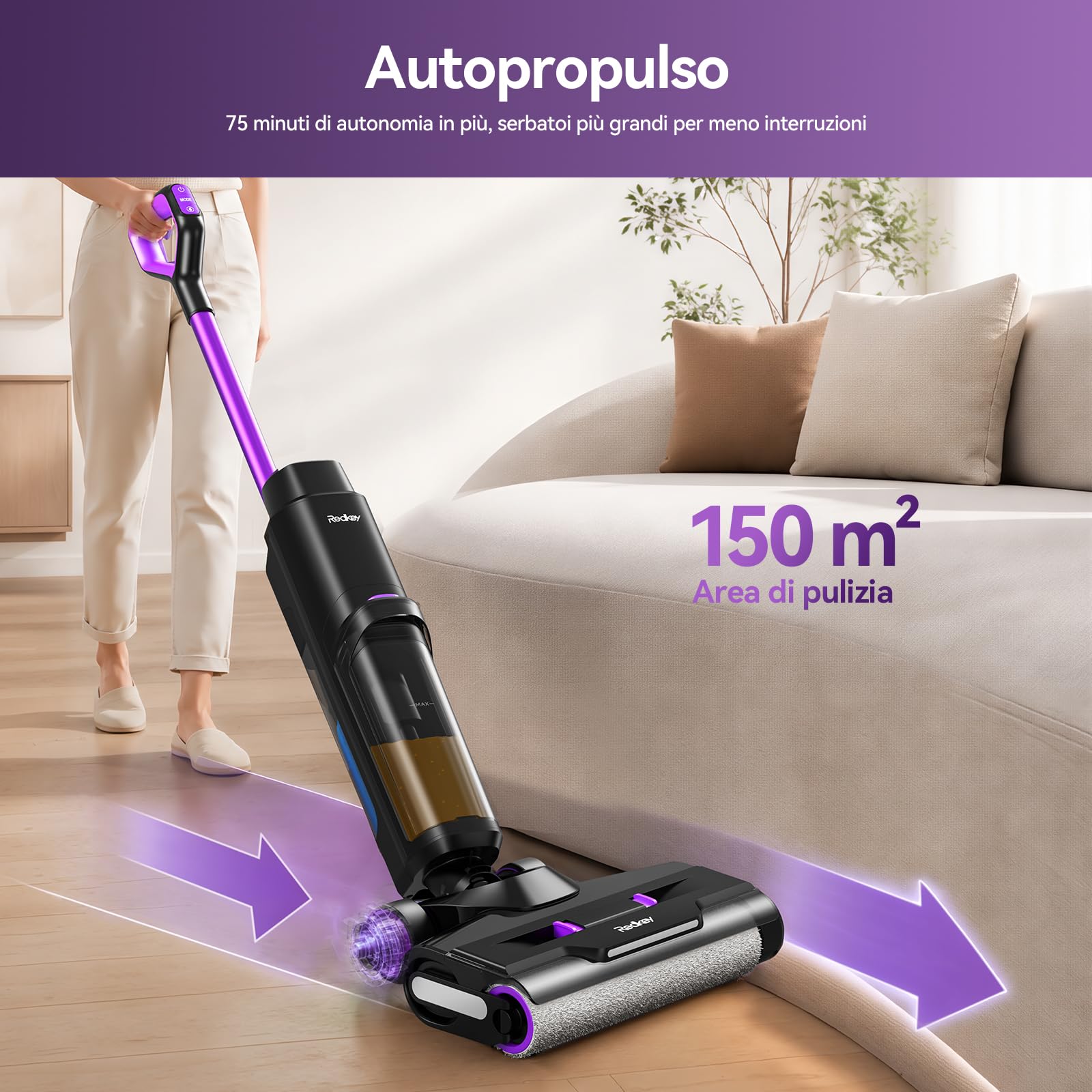 Redkey W15 Aspirapolvere e Lavapavimenti Senza Fili, 26.000 Pa Autopulizia e Lavaggio, 910ml Doppio Serbatoio, 3 Modalità, Autonomia Lunga, Display LED, 3 in 1Aspirapolvere Senza Fili Lavapavimenti