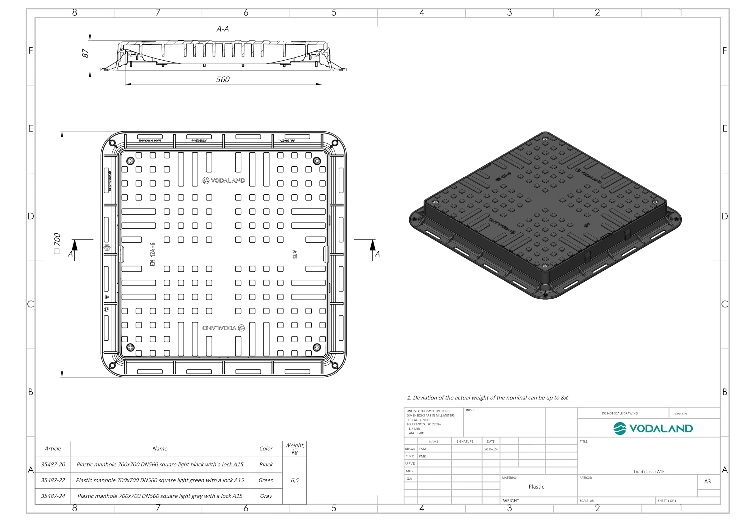 Tapa con Marco VODALAND 60x60 de Plástico Negro - Clase de Carga A15 para Arquetas de PVC, Pozos y Alcantarillas - Tapa Cuadrada para Registro y Alcantarillado