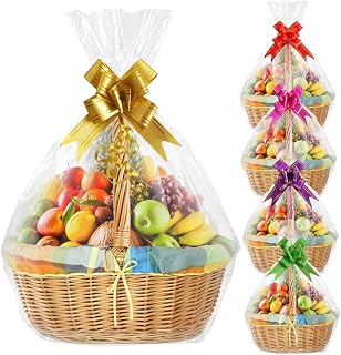 Hampers Bags with Pull Bows, 5 Pack 26.8 x 37 Inches Basket Gift, Cellophane Wrap Bags for Hamper Making Easter Gift Presents Packaging
