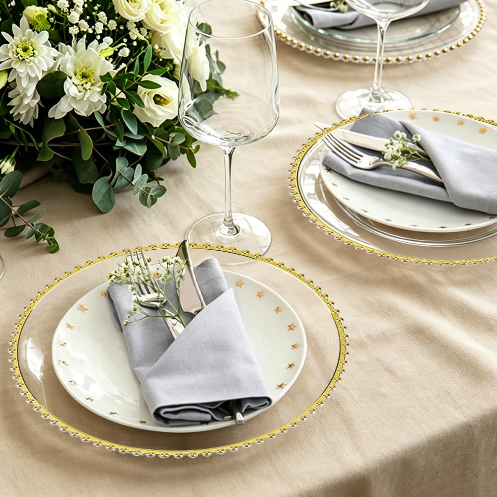 AHANDMAKER 8 placas transparentes y doradas, 33 cm, reutilizables, con borde de perlas doradas, elegantes placas decorativas para cenas, bodas, cumpleaños, fiestas