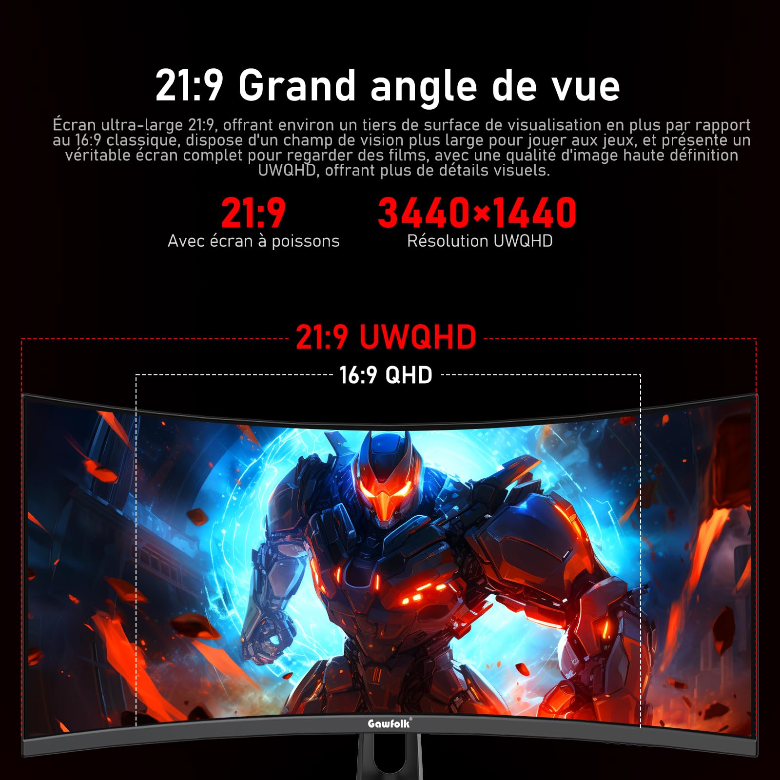 Gawfolk Écran PC Ultra Large 34 Pouces 1500R incurvé 180Hz Gaming Computer Moniteur,21:9 UWQHD(3440x1440)，128% sRGB，FreeSync，HDR，178 ° Angle Vue，DisplayPort、HDMI，VESA 75 * 75MM-Noir