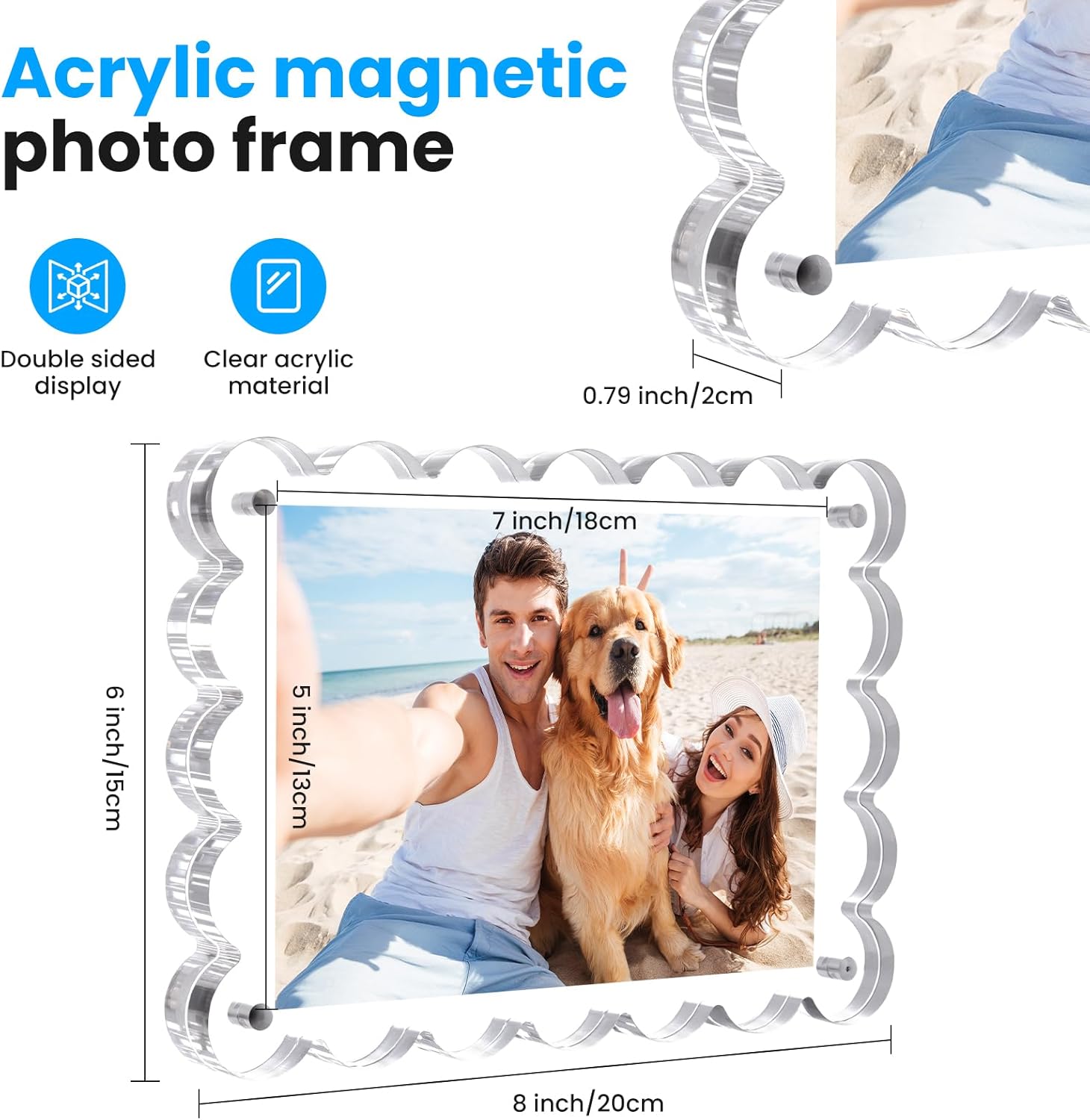 3 Pack Acrylic Magnetic Frames Transparent Photo Frame, Double-Sided Magnetic, 5x7 Inch 10mm+10mm Thick Block, Shell Shaped, Clear Picture Frame, Wave Border Independent Desktop Display, Fashionable And Suitable For Furniture/Office Decoration (5x7,Clear )