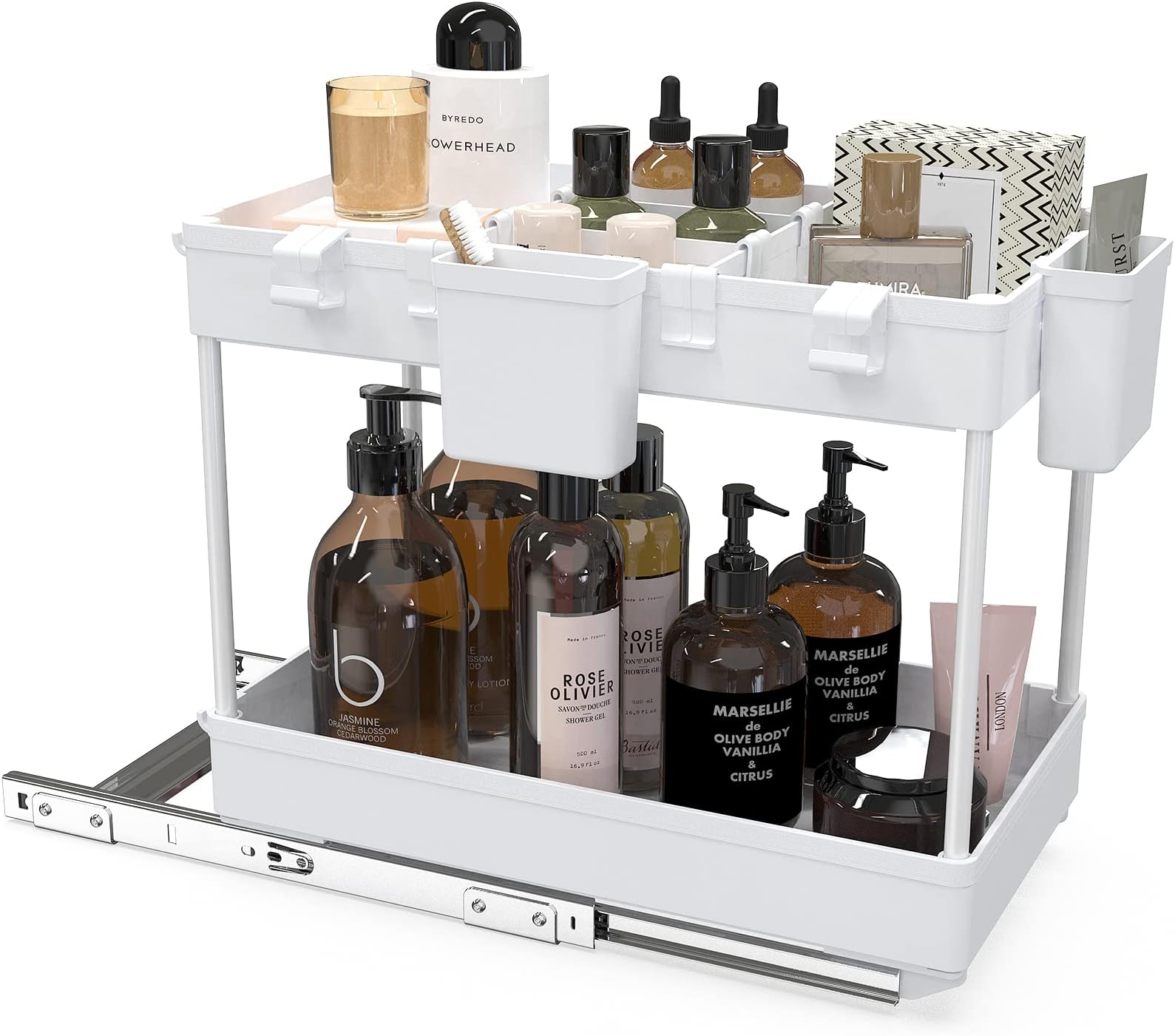 Under Cabinet Sliding Storage Drawer Basket Organizer, 2 Tier Pull Out Under Sink Organizer and storages,cabinet roll out shelf with hooks & Hanging Cups for Kitchen, Bathroom,Laundry room, White