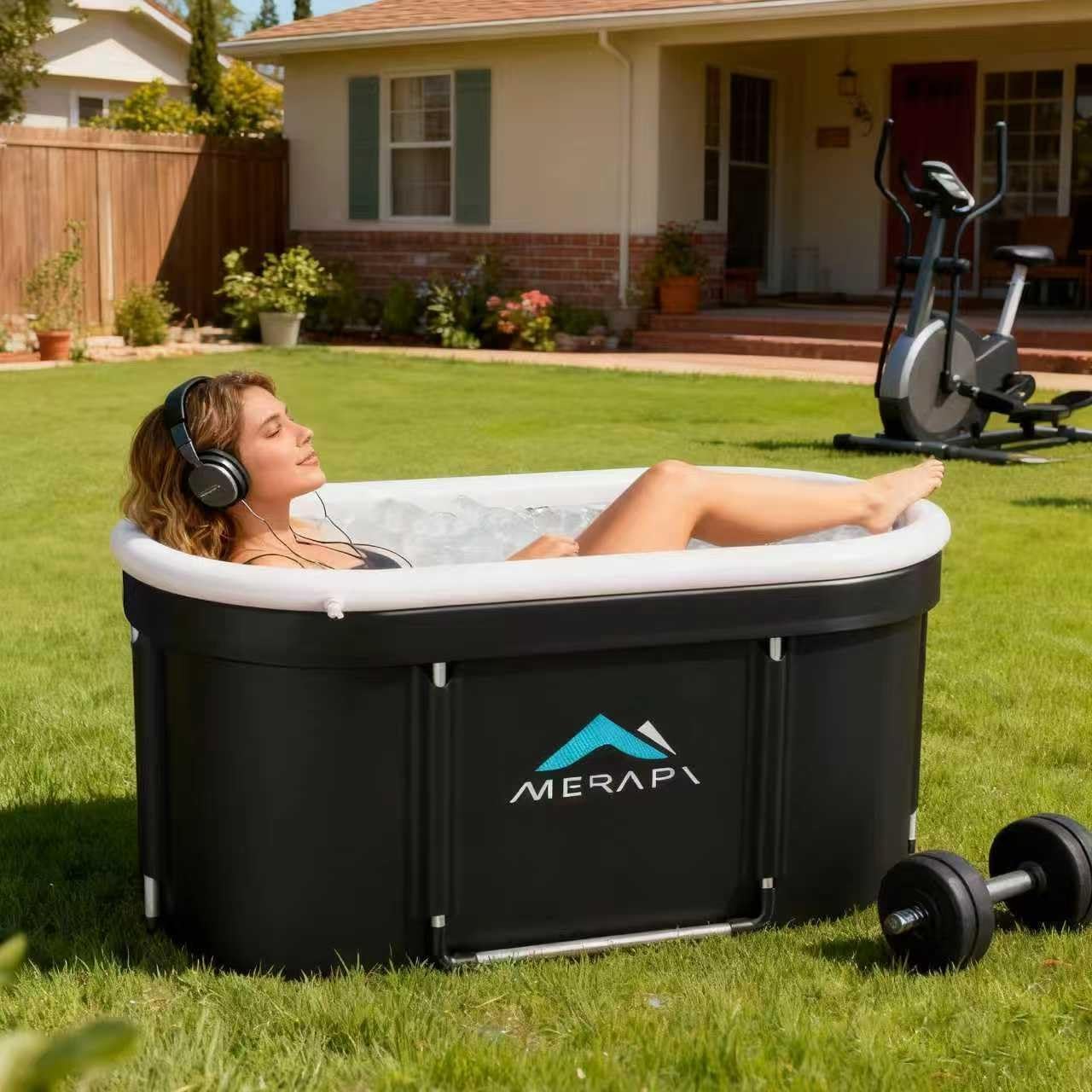 Merapi XL 131 Gal Portable Ice Bath Tub - Large Oval Cold Plunge for Athletes Recovery, Foldable Ice Bath Tub for Muscle Recovery, Home Gym, Outdoor Cold Therapy with Fast Drainage & Neck Cushion