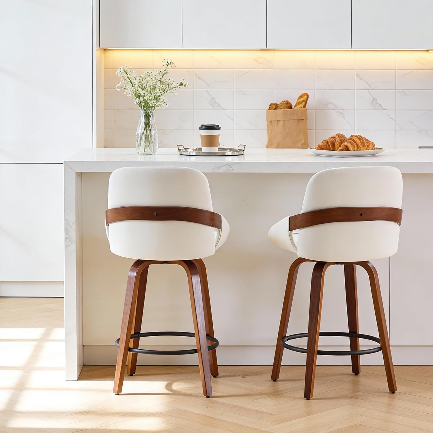 Mid Century Modern Bar Stools Set of 2, 26 Inch Swivel Stools with Upholstered Seat, Curved Back & Bentwood Legs for Kitchen Island, Breakfast Bar, Home, Office，White