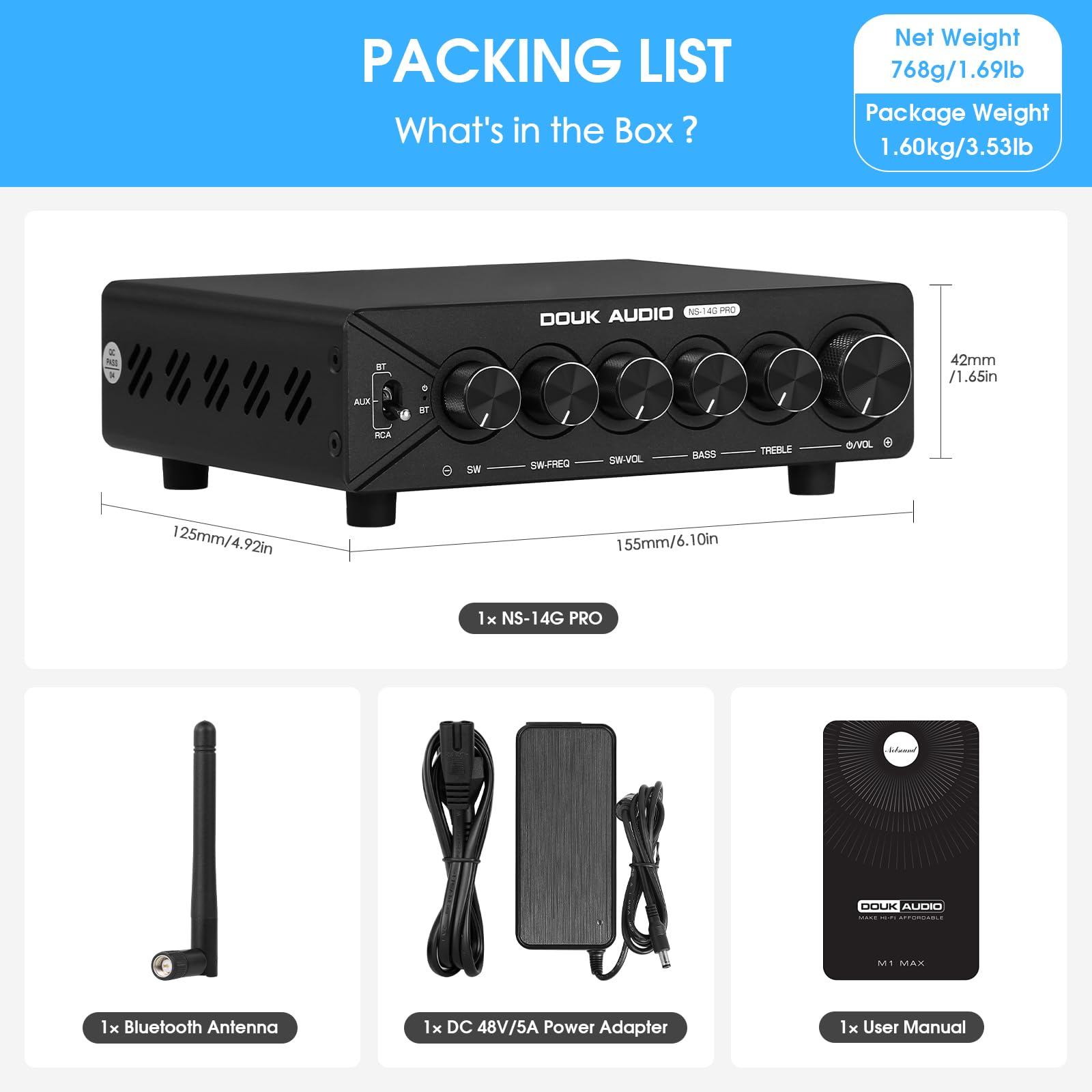 DoukAudio - Amplificatore a 2.1 con Bluetooth: Dual chip TPA3255, aptX-HD, subwoofer da 300 W e alimentatore da 48 V per audiofili (NS-14G Pro)