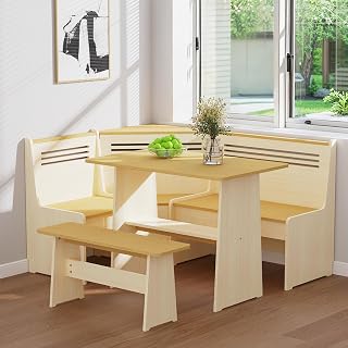 Breakfast Nook, Kitchen Nook Corner Table Set with USB, Bench and Storage Shelf, Dining Room Table and Chairs for 4-6, Solid Wood (White and Natural)