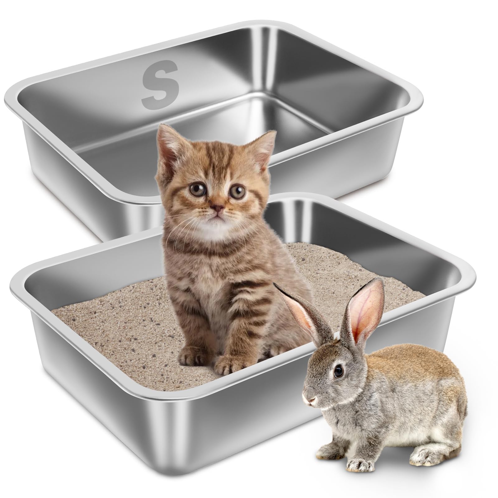 Holintan Stainless Steel Litter Box for Kitten 2 Pack,15.7"×11.8"×4" Small Litter Box for Kittens Easy Entry, Non Odor, Easy to Clean, Metal Litterbox