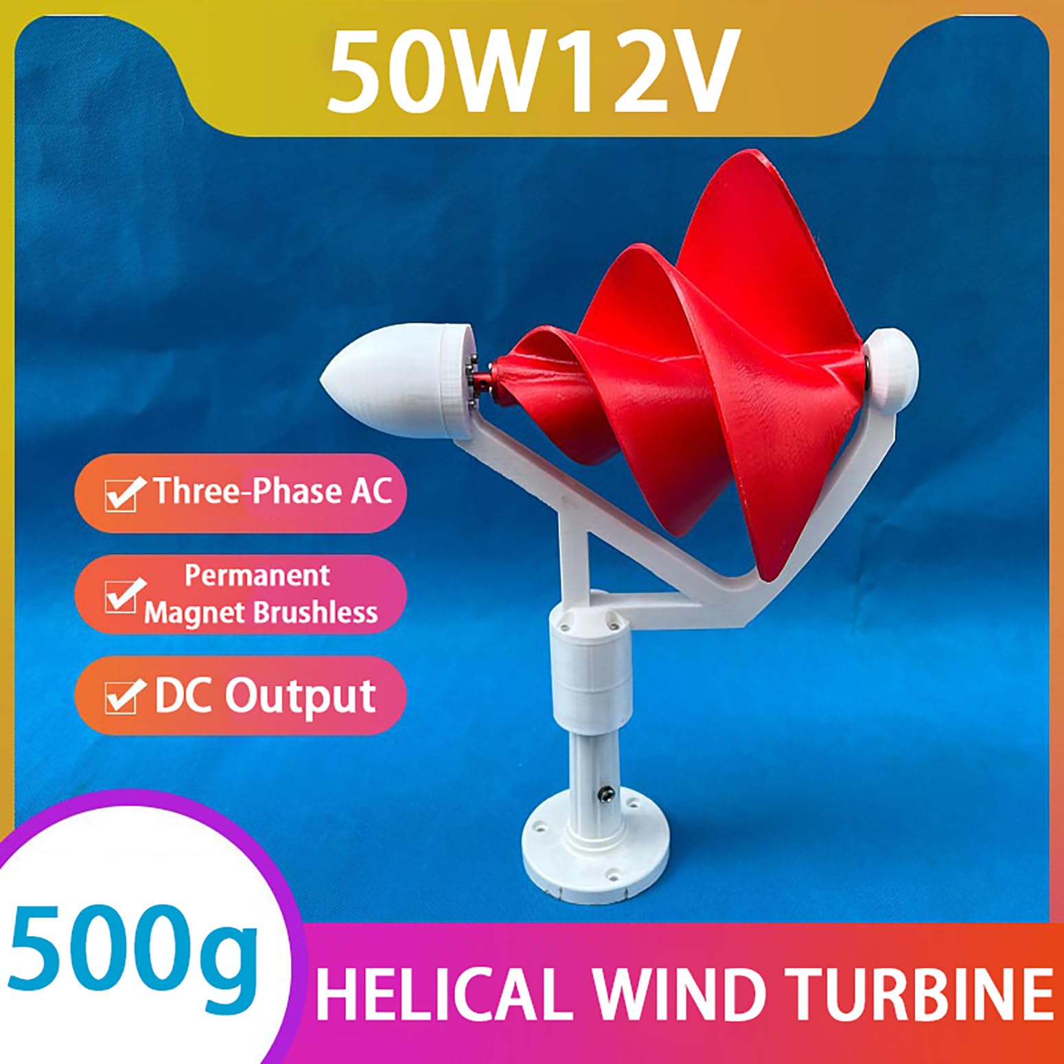 50W Aerogenerador De Hélice 12V Generador De Turbina Eólica con Bombilla, Mini Turbina Eólica Generador Trifásico De Imanes Permanentes para Iluminación, Enseñanza Y Experimentos,Rojo,50W