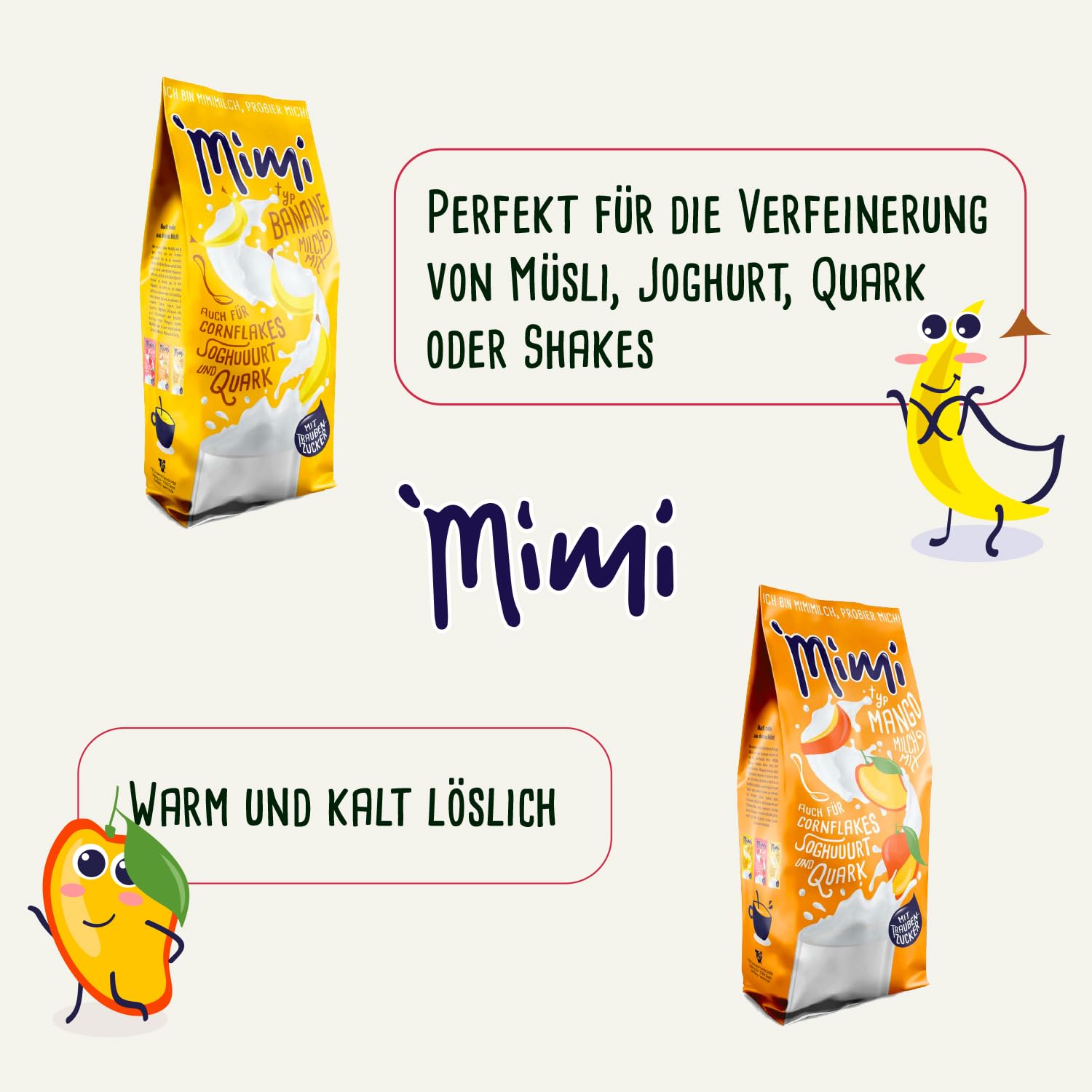 Mimi, confezione da 8 pezzi, mix di latte e bevande in polvere (2 confezioni da 400 g), banana, fragola, mango, vaniglia, confezione conveniente, ideale per il tempo libero, la scuola o per andare in