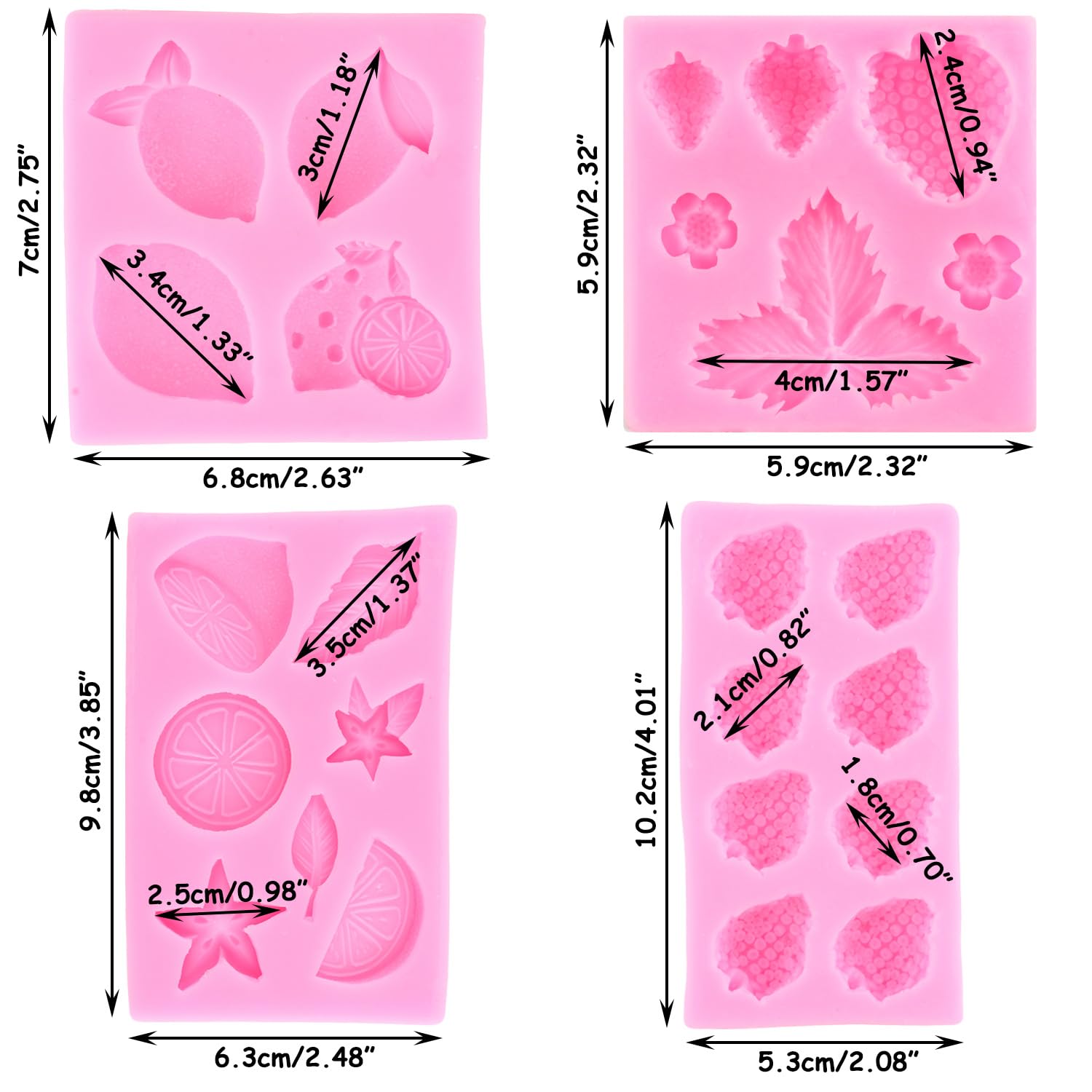 RFGHAC Set di 4 stampi in silicone a forma di limone, fondente, frutta, fragola, fiore, fette di limone, caramelle, decorazioni per torte, cupcake, pasta di gomma, cioccolato, pasta polimerica