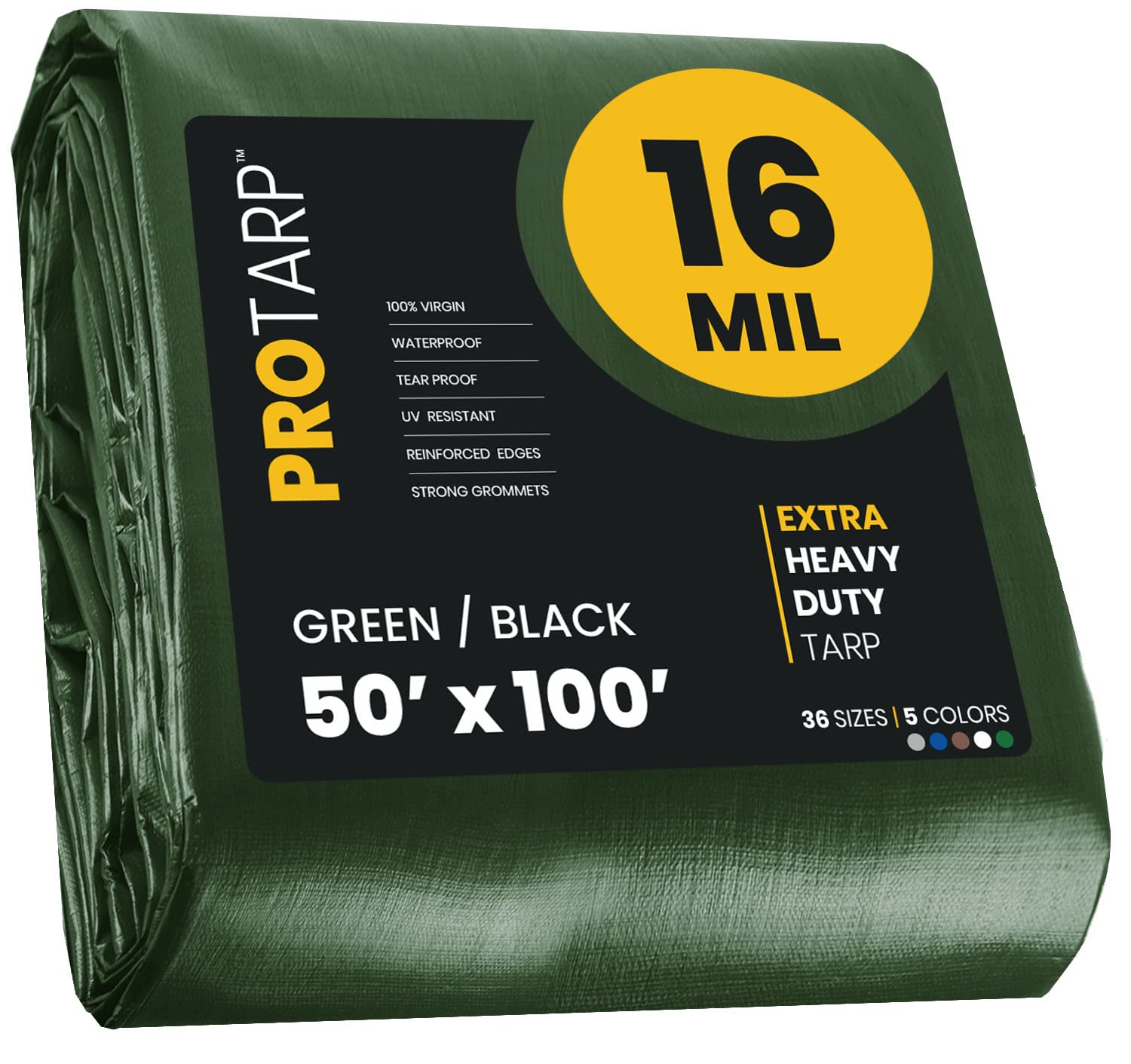 Extra Heavy Duty 16 Mil Tarp Cover, Waterproof, UV Resistant, Rip and Tear Proof, Poly Tarpaulin with Reinforced Edges for Roof, Camping, Patio, Pool, Boat. (Green/Black 50′ X 100′)