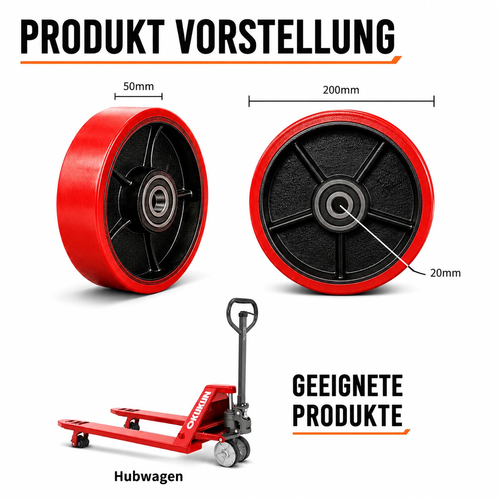Polyurethan (PU) Hubwagen Rad 2 Stück, rot 200X50mm, Achse 20mm mit Kugellager, max. Belastung 3000 KG