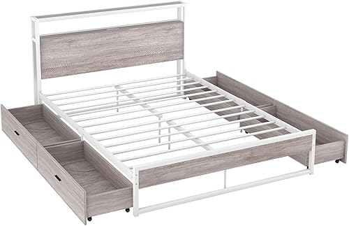 Miniatura 6 de HAUSHECK Base de cama Queen con 4 cajones de almacenamiento en ruedas de freno, enchufes y puertos USB, plataforma de metal de estilo rústico con