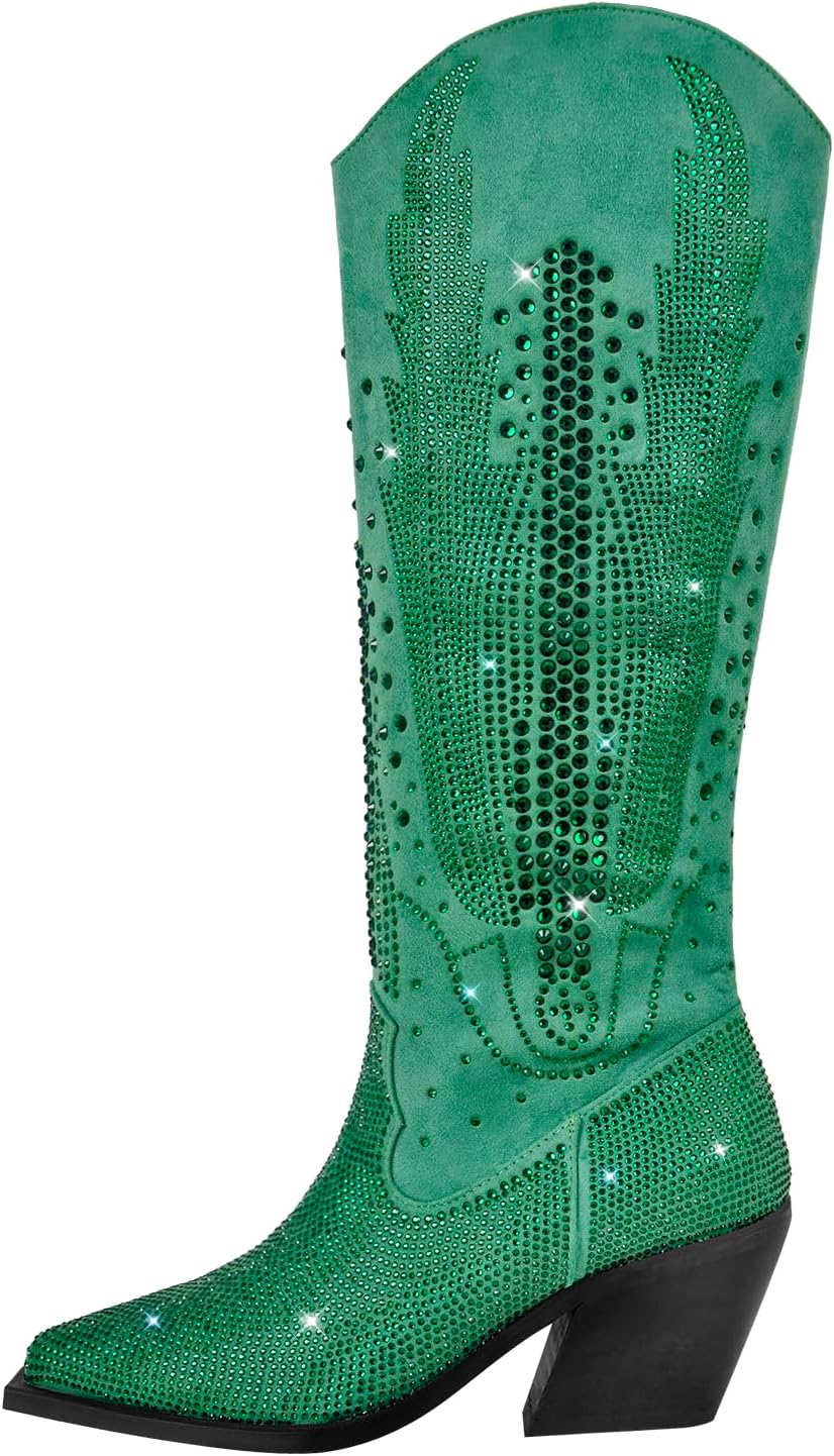 Women's Knee High Boots Cowboy Cowgirl Western Boots Rhinestone Bling Side Zipper Chunky Heel Fashion Shoes
