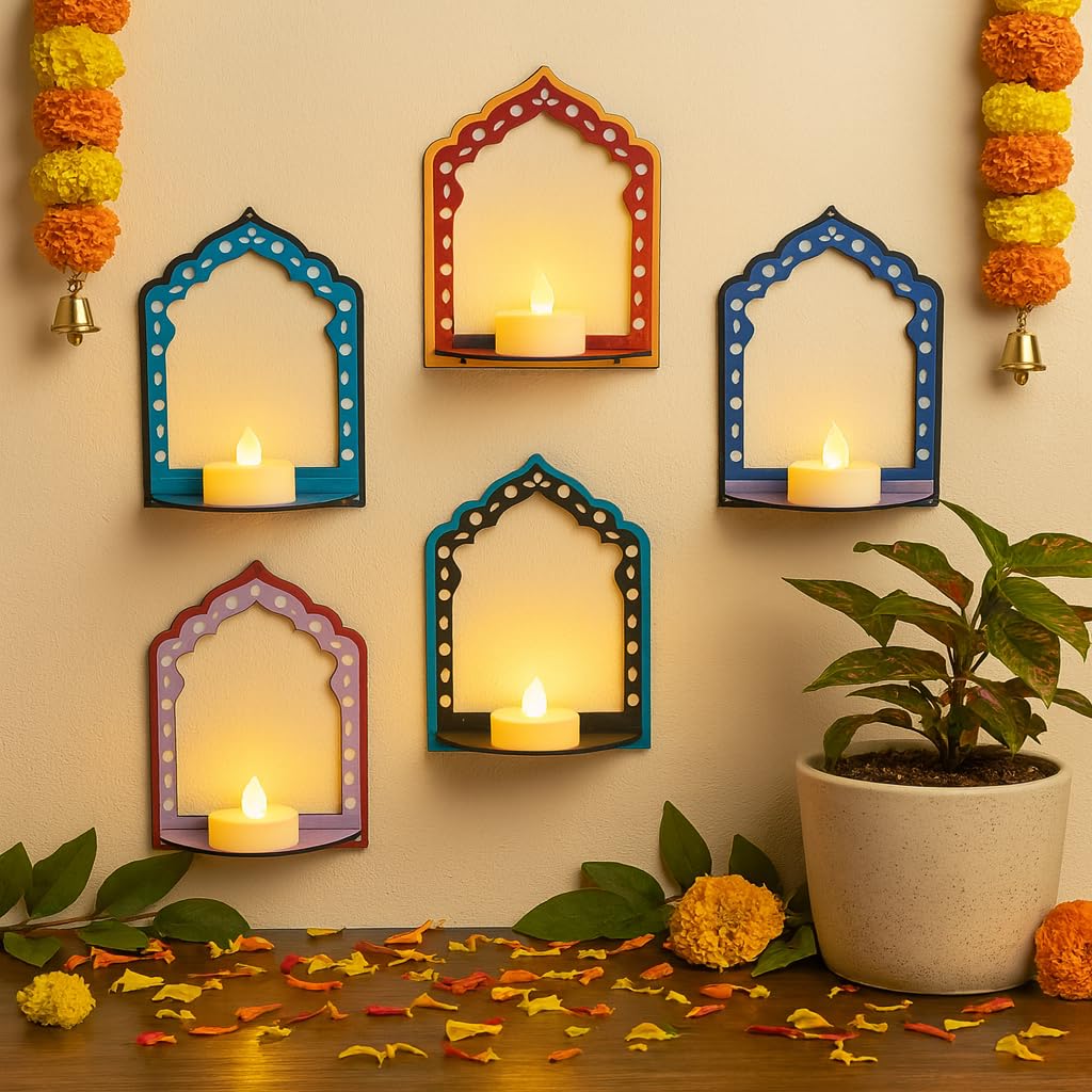 Diwali Decoration Jharokha Wall Shelf LED Diya for Pooja Room Tealight Candle Holders – Set of 5 Handcrafted Wooden Floating Shelves with LED Diyas, Traditional Rajasthani Festive Home & Pooja Décor-image-7