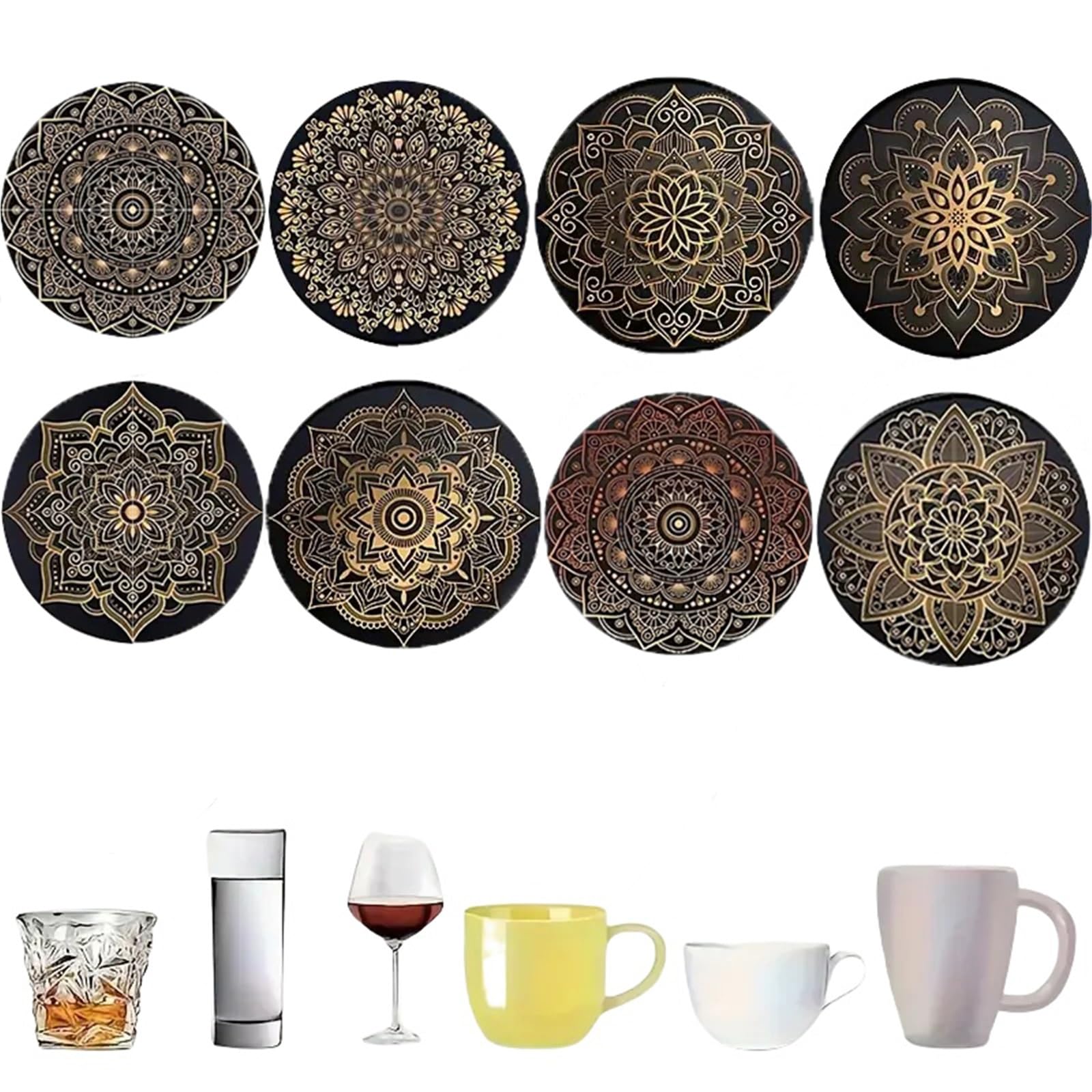 Wooden Round Coasters 8Pcs Mandala Flower Wooden Coasters