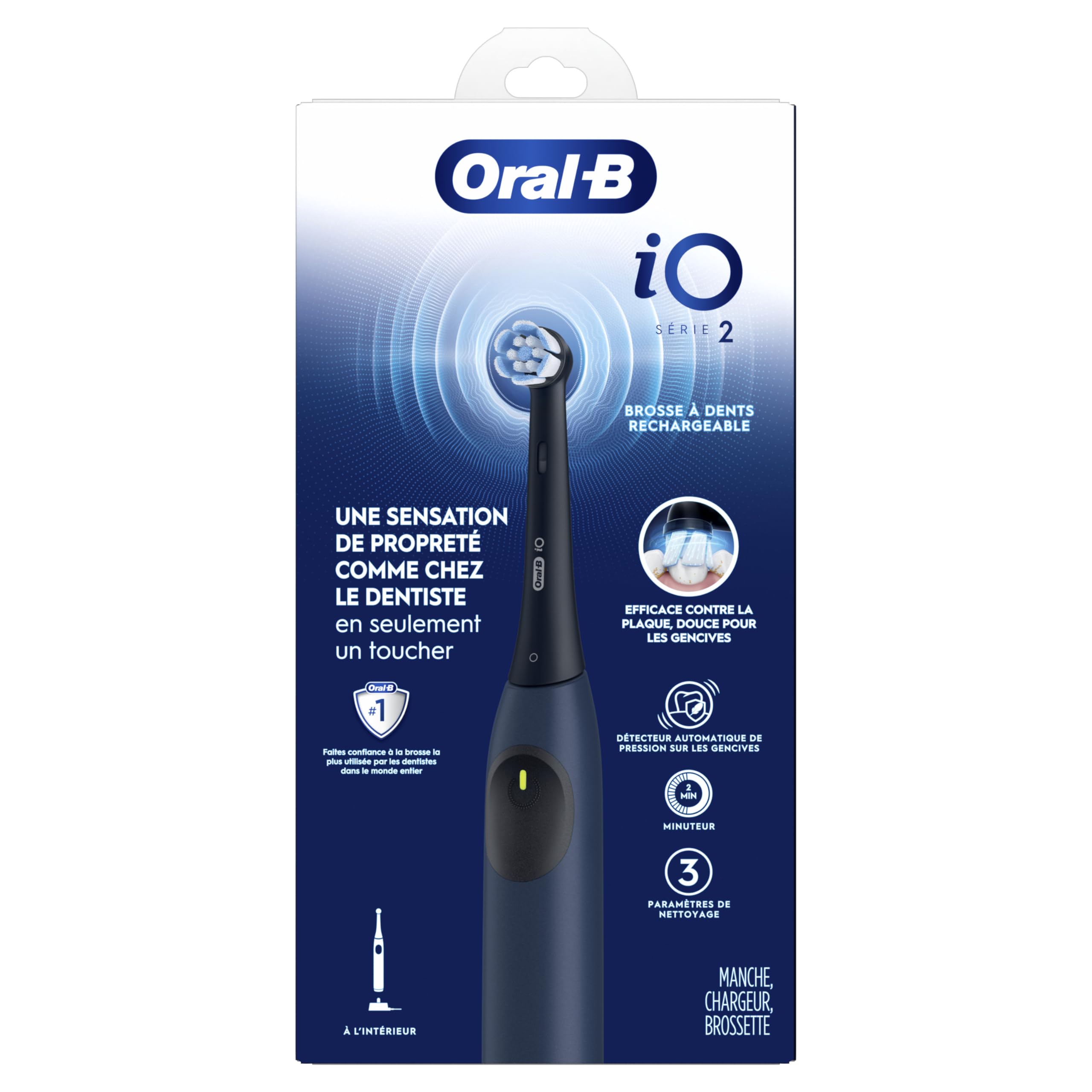 Oral-B iO Cepillo de dientes eléctrico, serie 2, recargable, azul oscuro con 1 cabezal de cepillo de cuidado suave, sensor de presión automático para proteger las encías, 3 modos, temporizador de 2