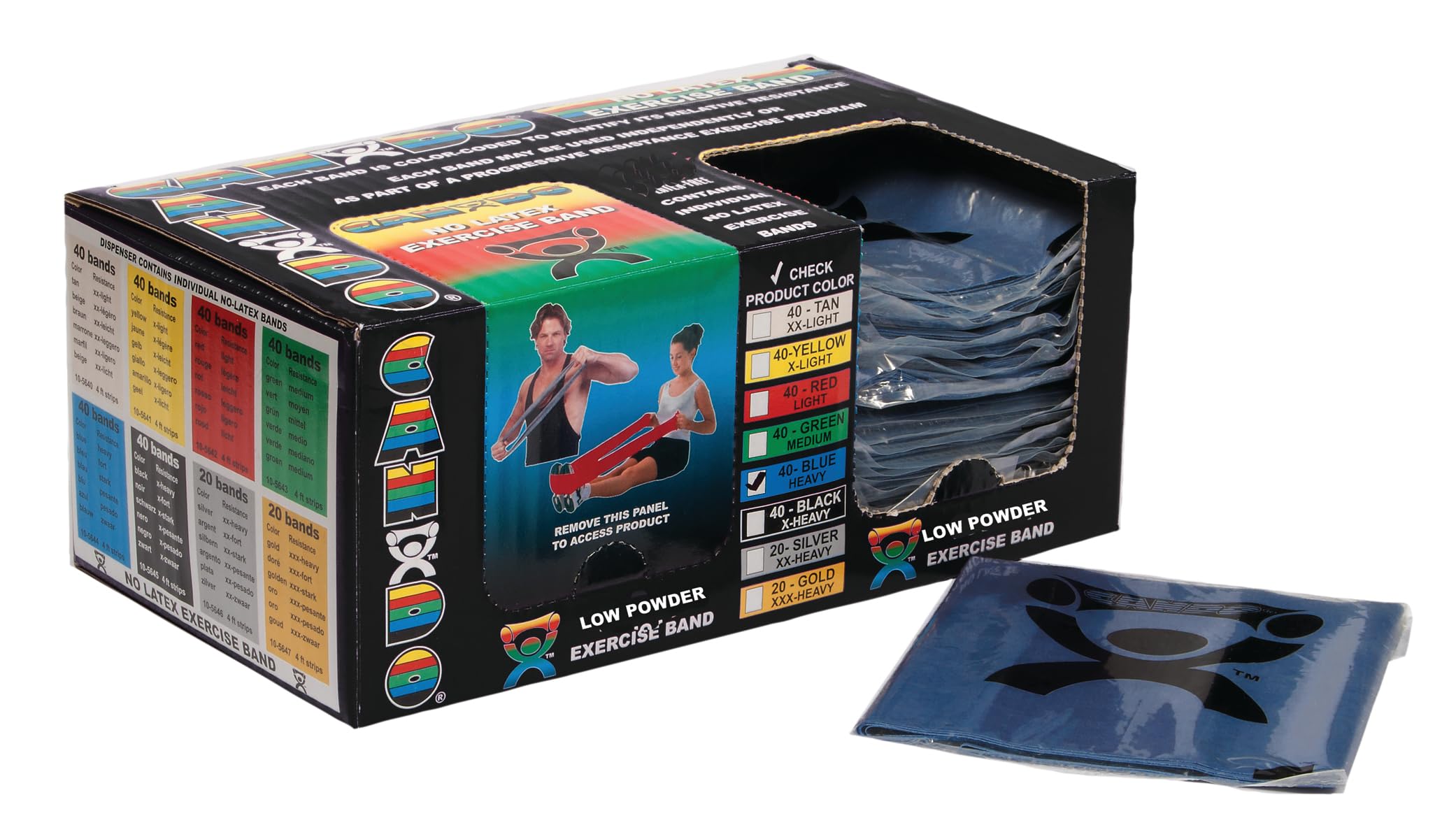 CanDo Singles Low Powder Exercise Band, 4-foot singles, Blue: Heavy (40 count)