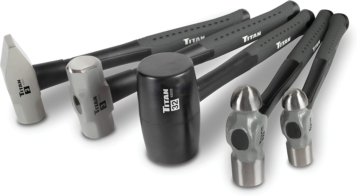 63125 5-Piece Hammer Set, Includes 16oz & 32oz Ball Pein, 32oz Rubber Mallet, 3lb Sledgehammer, & 3lb Cross Pein, Shock Absorbing Fiberglass Handles with Textured Grips
