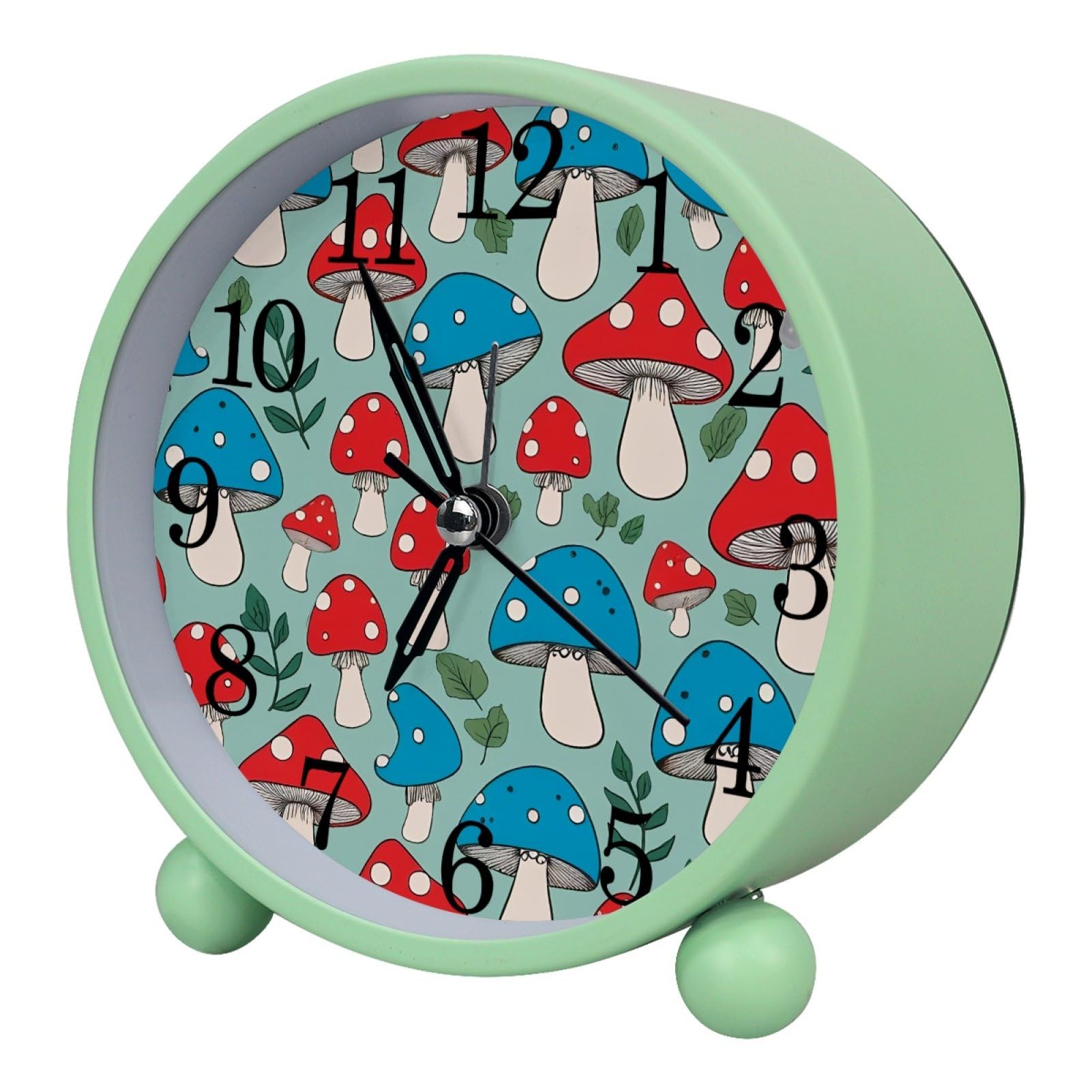 etoenbrc Colorful Mushroom Round Battery Operated Bedside Alarm Clock Non-Ticking Desktop Silent Analog Alarm Clock with Light