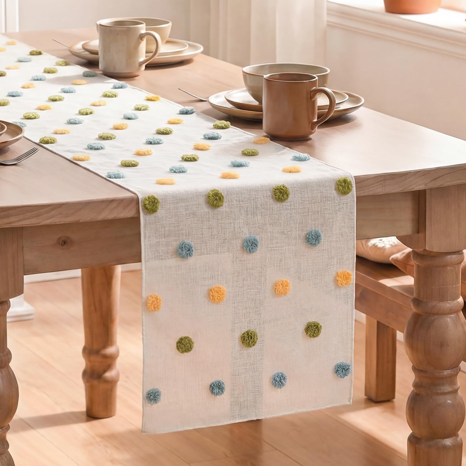 Photo 1 of Artoid Mode Yellow Blue Green Pom Pom Tulle Table Runner, Seasonal Washable Kitchen Dining Table Decoration for Home Party Decor 12x60 Inch