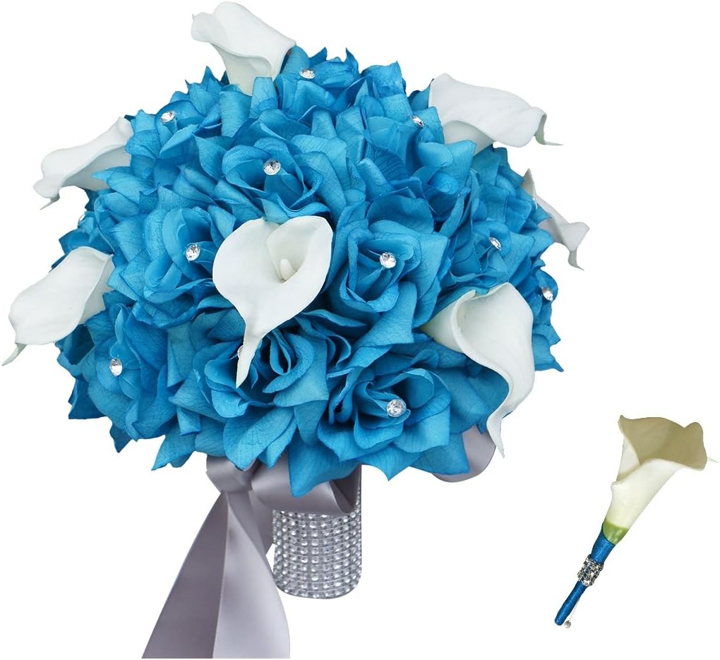 Angel Isabella Wedding Bridal Bouquet & Boutonniere - Turquoise Rose and White Calla Lily