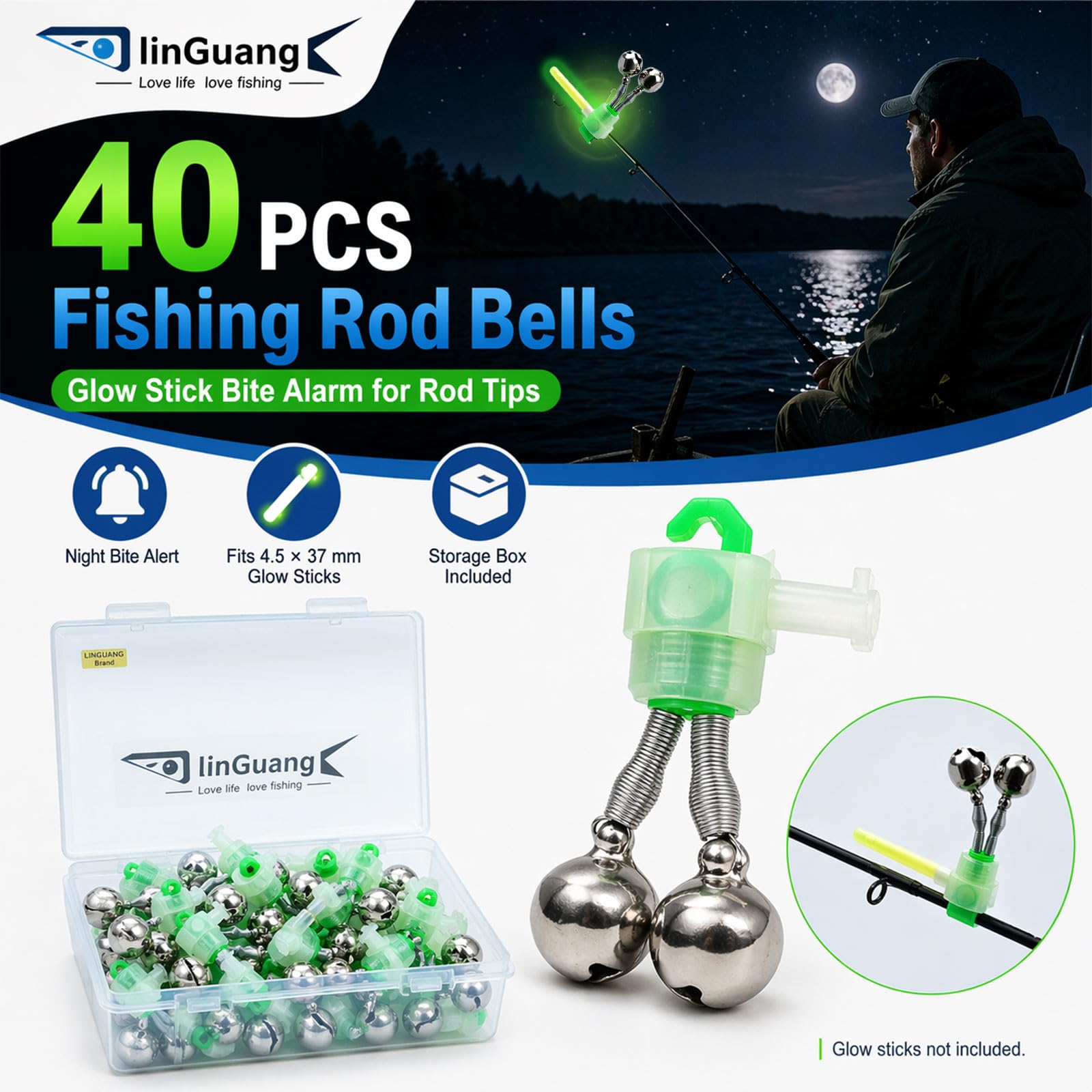 linguang 40PCS Fishing Bells Clip-On Rod Tip for Catfish Surf Poles