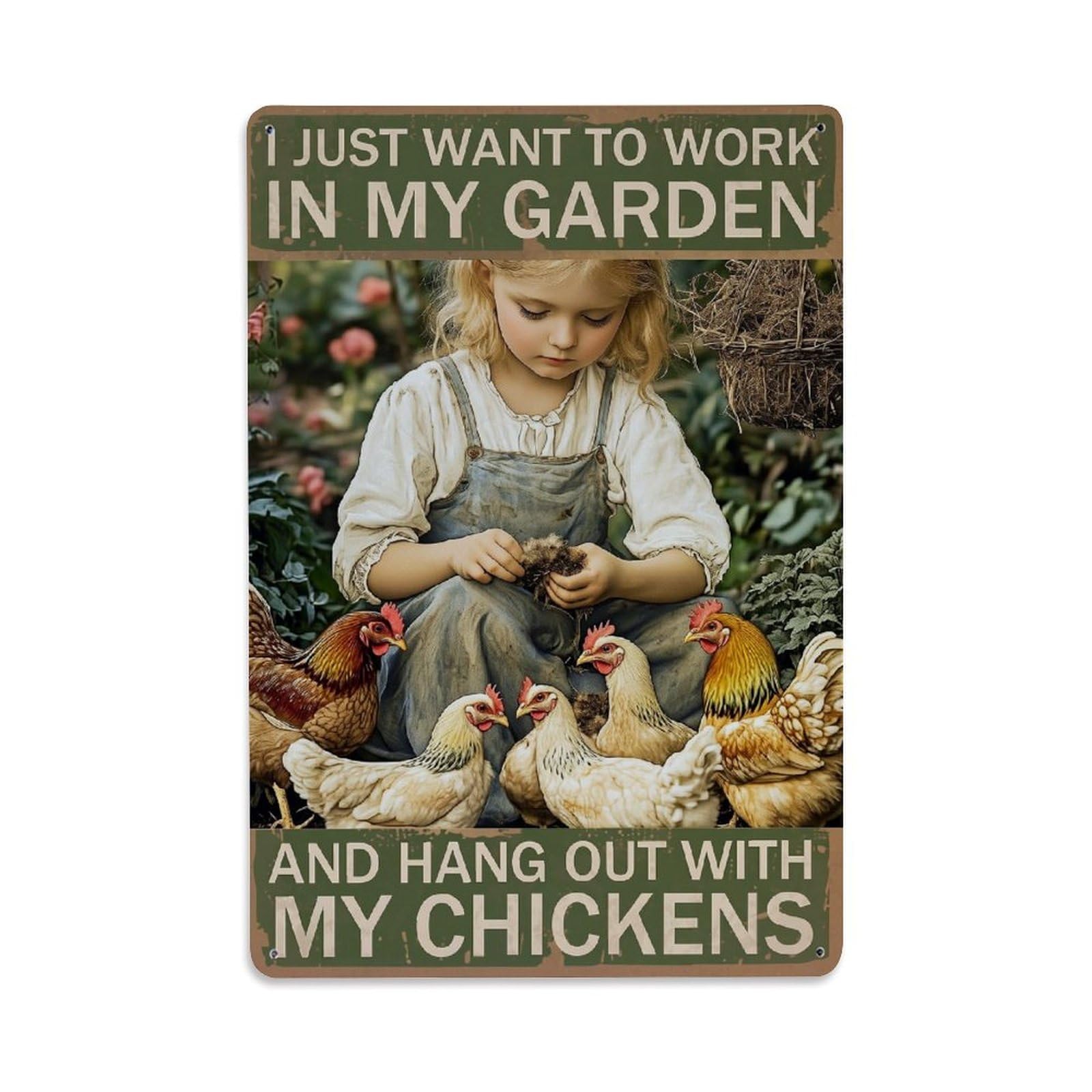 Jdfenggu Girls Vintage Garden Chickens Nature Peace Retro Metal Tin Sign, Decor Art Poster For Bar, Home, Man Cave, Kitchen, Laundry Room Gift 8X12inch