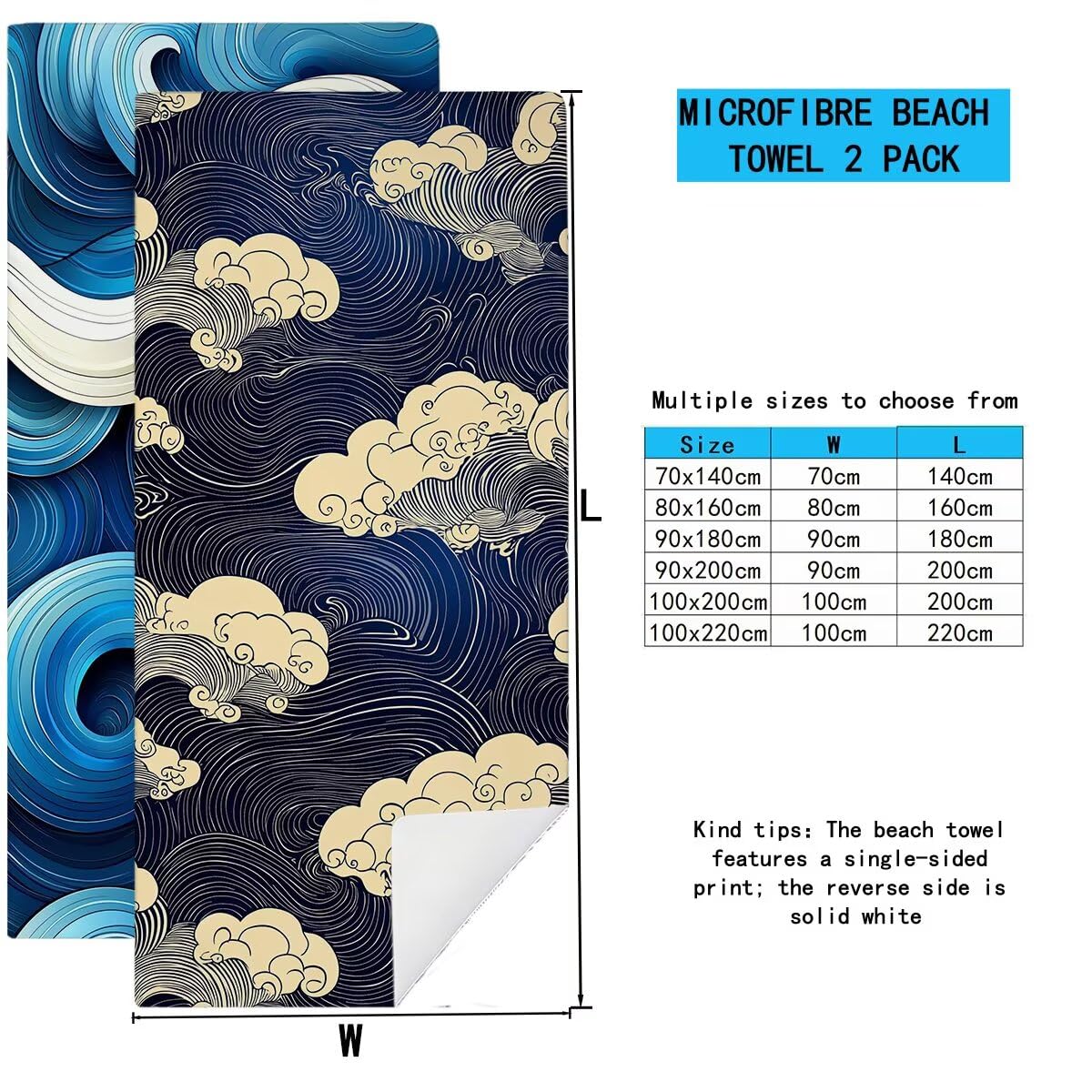 Ręcznik plażowy Cloud, 100 x 220 cm, bardzo duży ręcznik z mikrofibry, 2 szt., bez piasku, ręczniki plażowe z mikrofibry dla dorosłych niezbędne w podróży, lekkie, szybkoschnące, ponczo do pływania